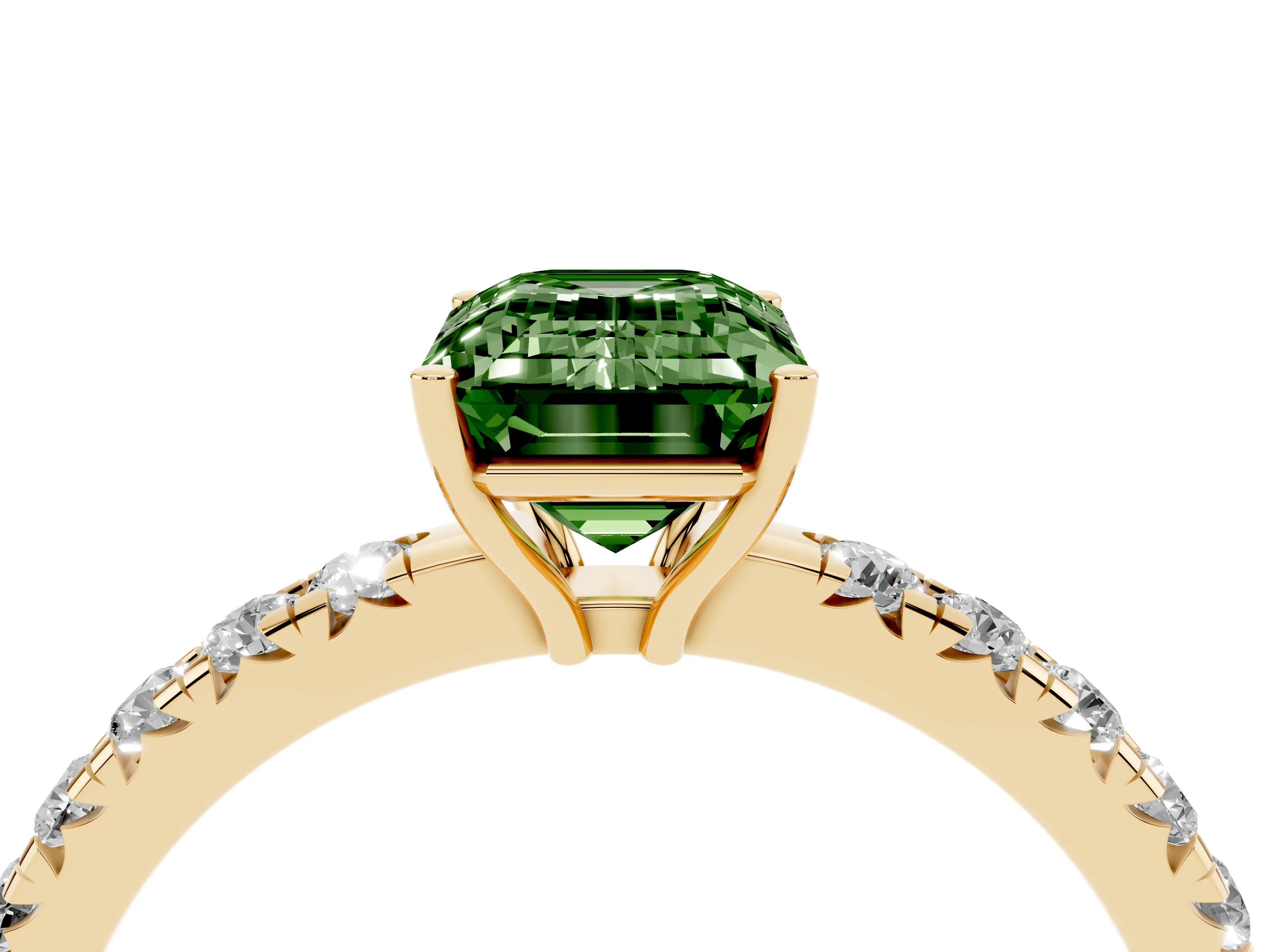 Fancy Green Emerald Cut Diamond Pavé Solitaire Engagement Ring Set in Yellow gold with Prong Setting