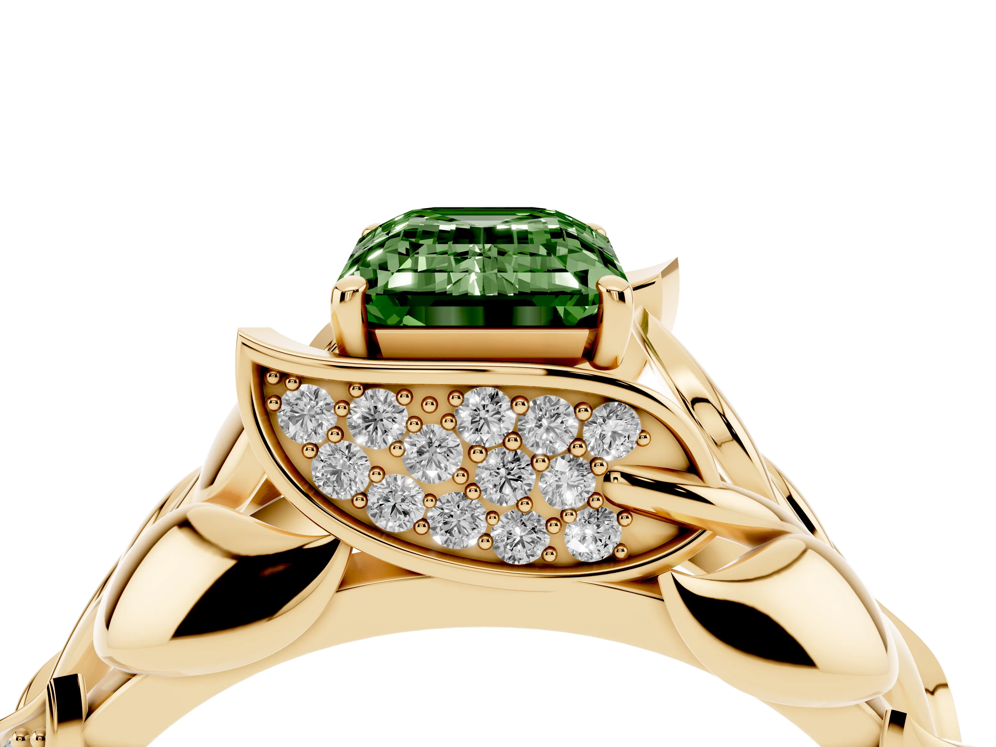 Fancy Green Emerald Cut Diamond Leaf-Inspired Engagement Ring Set in Yellow gold with Round Accents