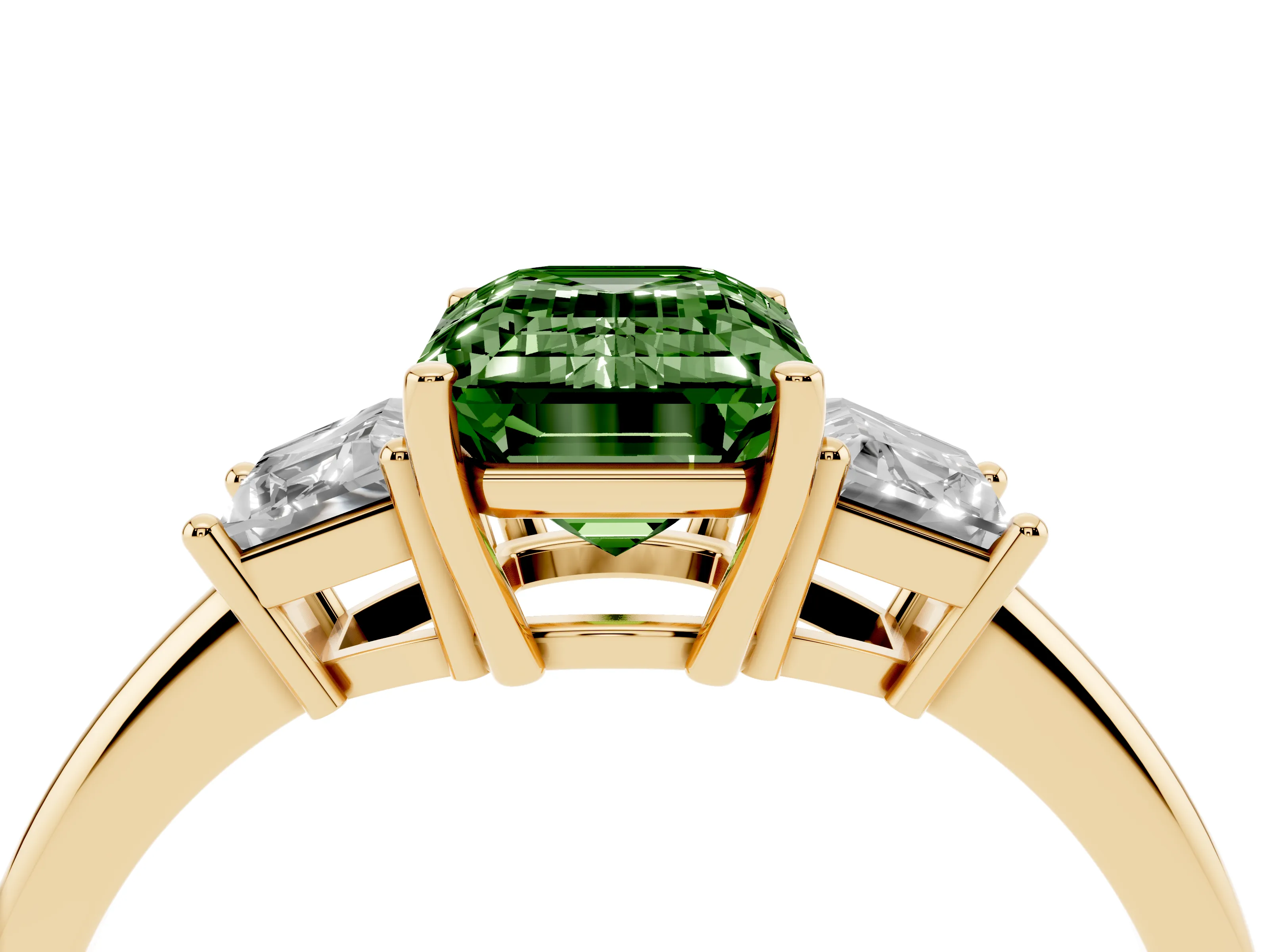 Fancy Green Emerald Cut Diamond Three-Stone Ring Set in Yellow gold with Trapezoid Side Stones and Prong Setting