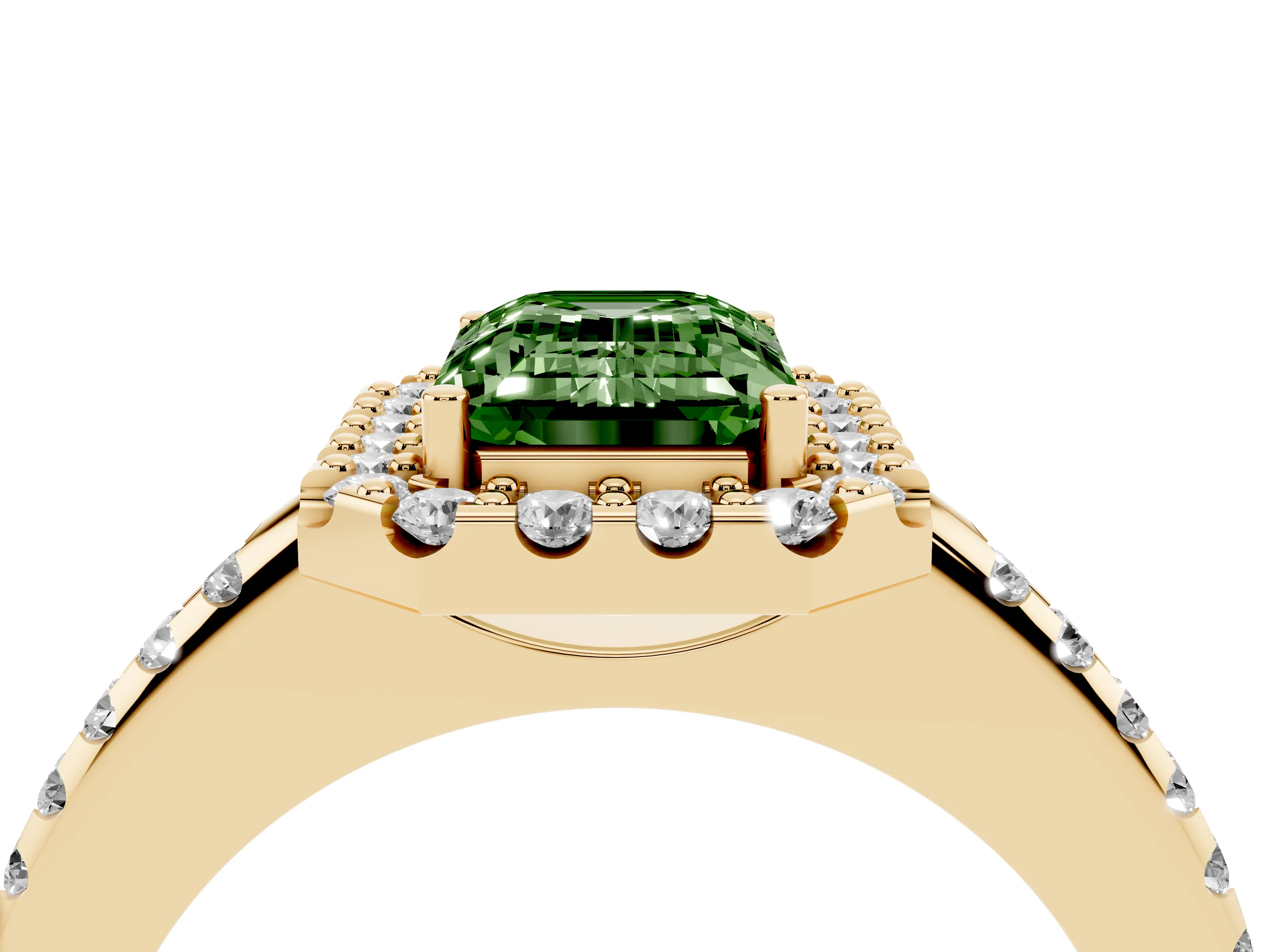 Fancy Green Emerald Cut Diamond Pavé Halo Ring Set in Yellow gold with Prong Setting
