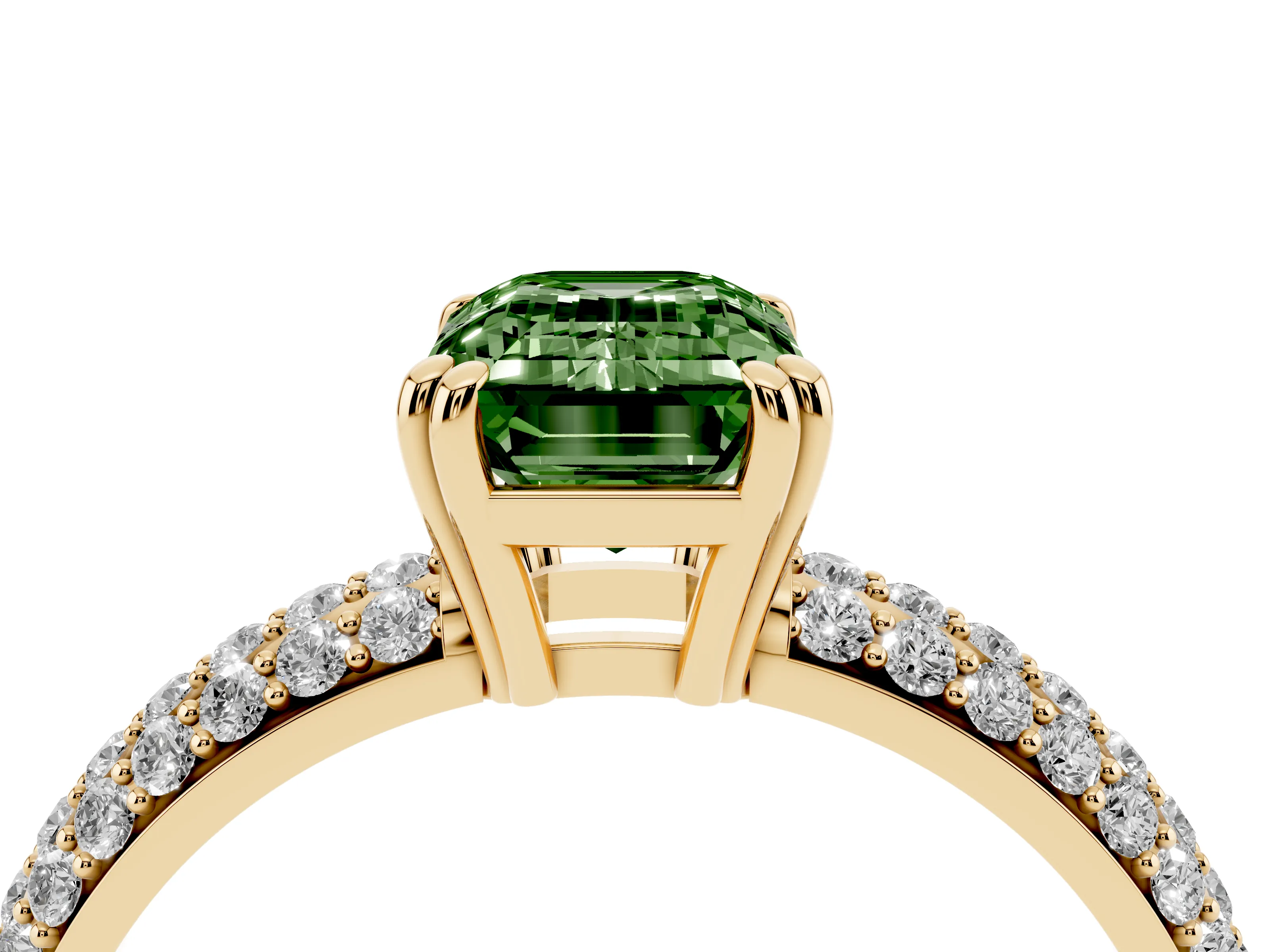Fancy Green Emerald Cut Diamond Solitaire Ring Set in Yellow gold with Multi-Row Round Pavé Band and Prong Setting