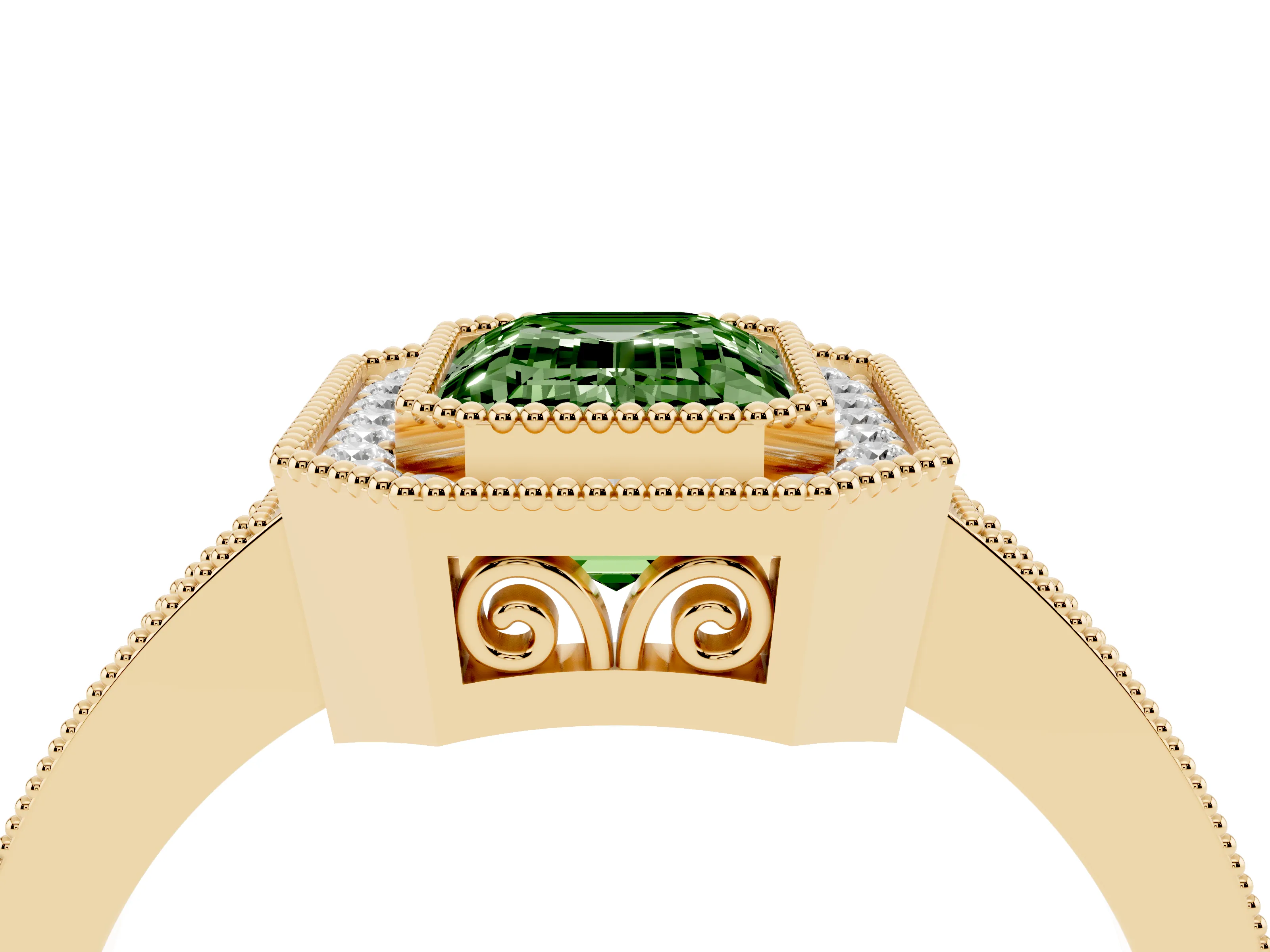 Fancy Green Emerald Cut Diamond Halo Ring Set in Yellow gold with Pavé Band and Milgrain-Edged Prongs