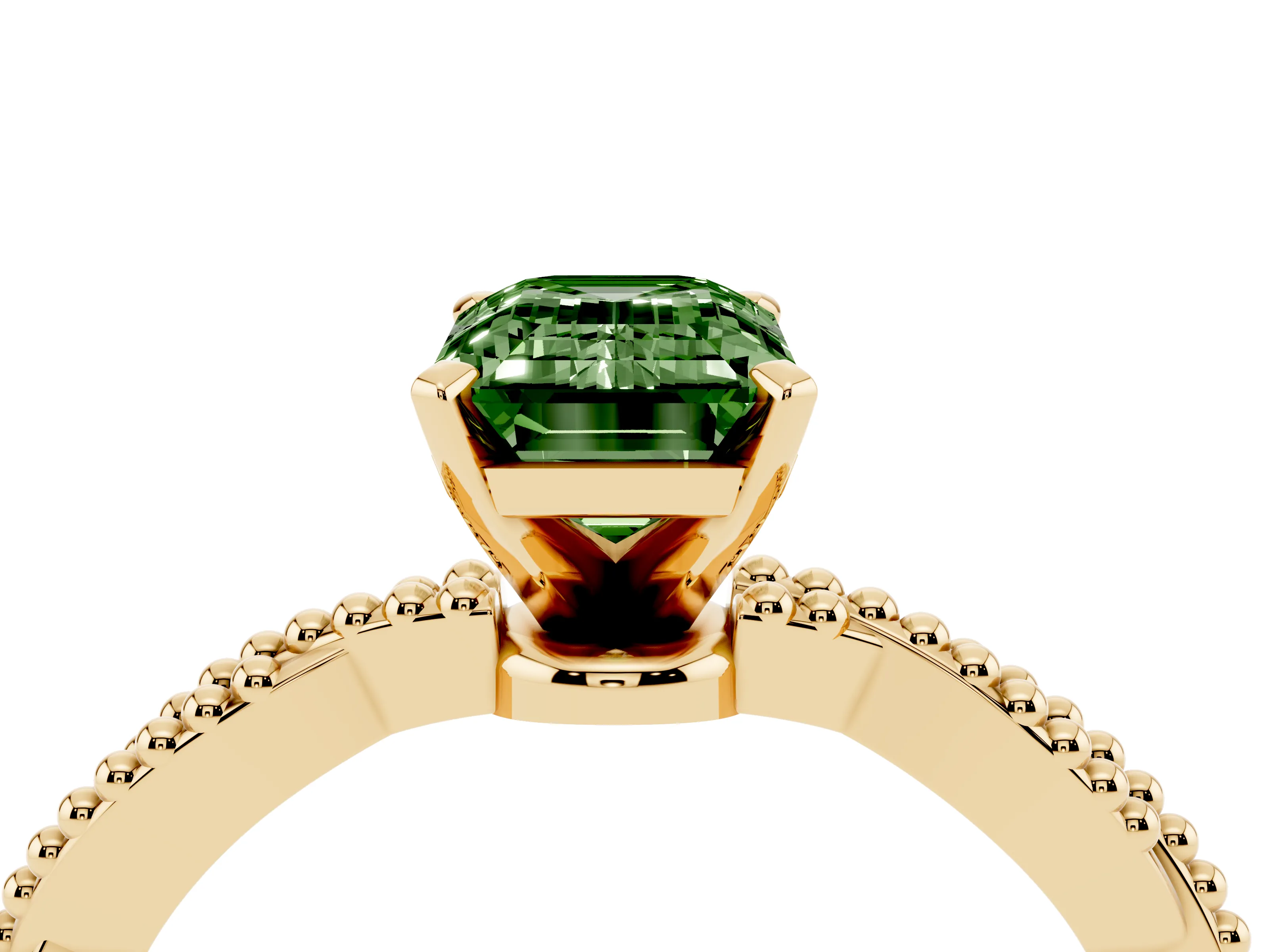 Fancy Green Emerald Cut Diamond Solitaire Ring Set in Yellow gold with Twisted Band and Bead Prong Setting