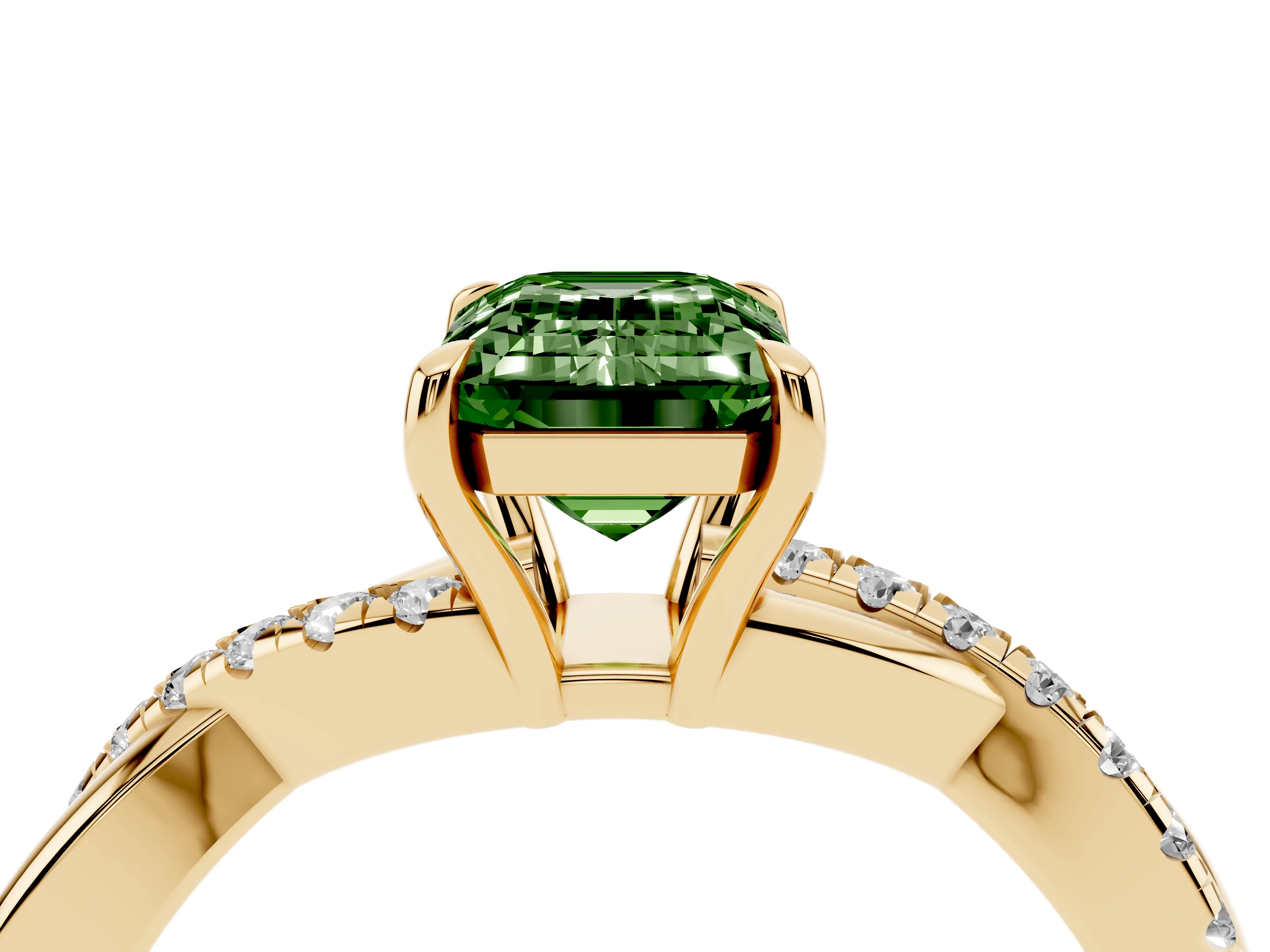 Fancy Green Emerald Cut Diamond Twisted Pavé Band Ring Set in Yellow gold with Prong Setting