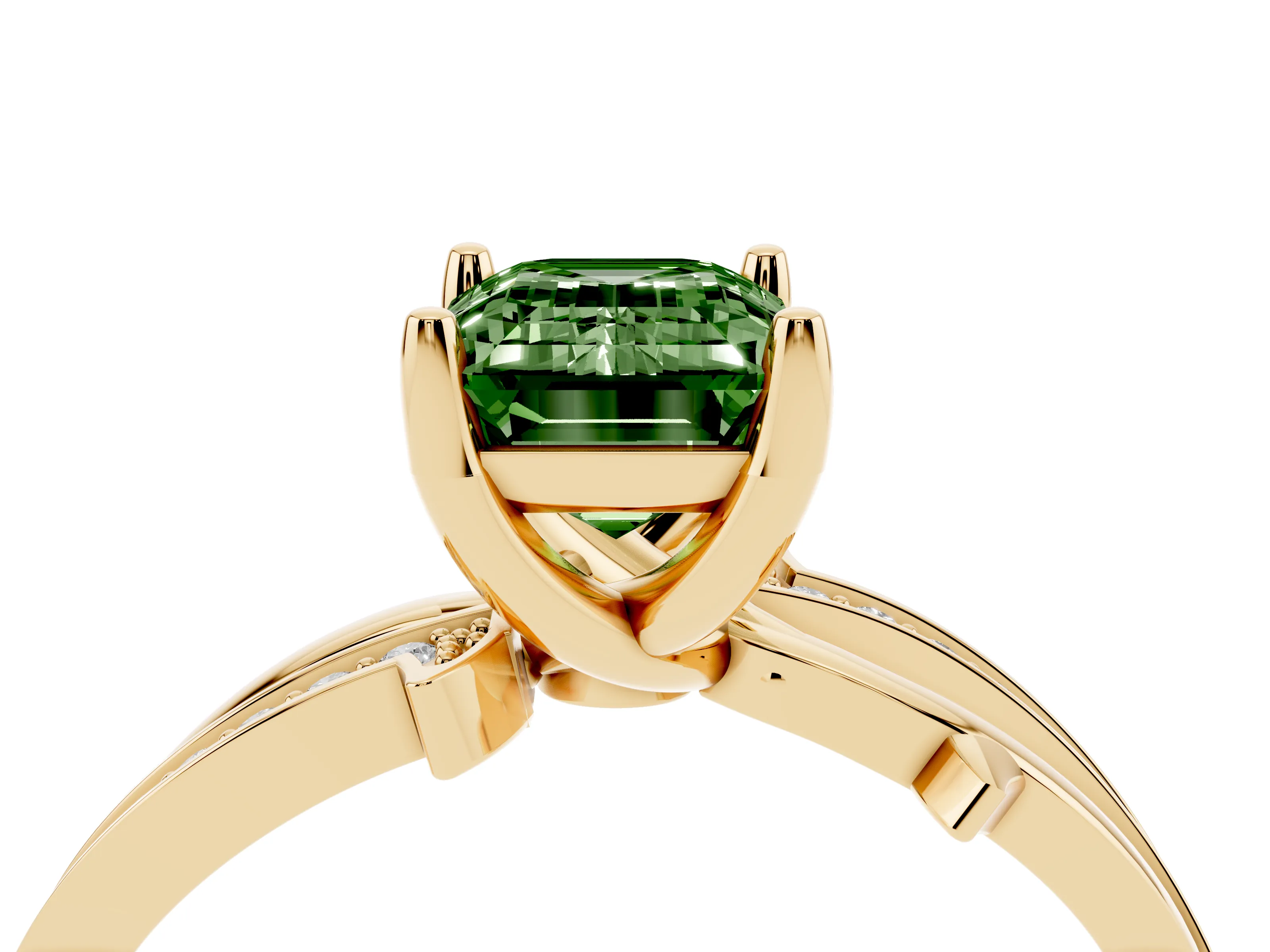 Fancy Green Emerald Cut Diamond Pavé Twist Band Solitaire Ring Set in Yellow gold with Prong Setting