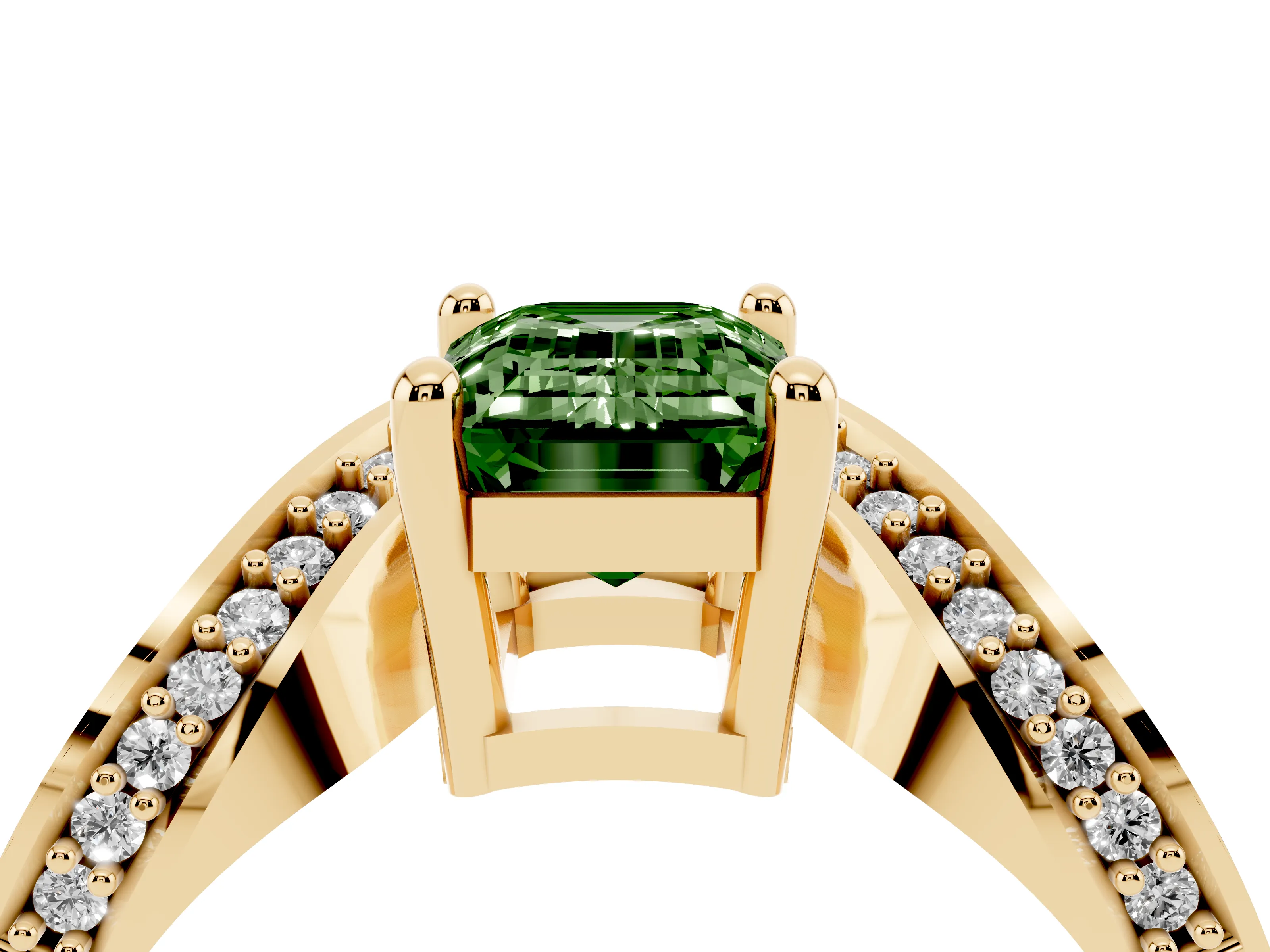 Fancy Green Emerald Cut Diamond Solitaire Engagement Ring Set in Yellow gold with Pavé Shoulders