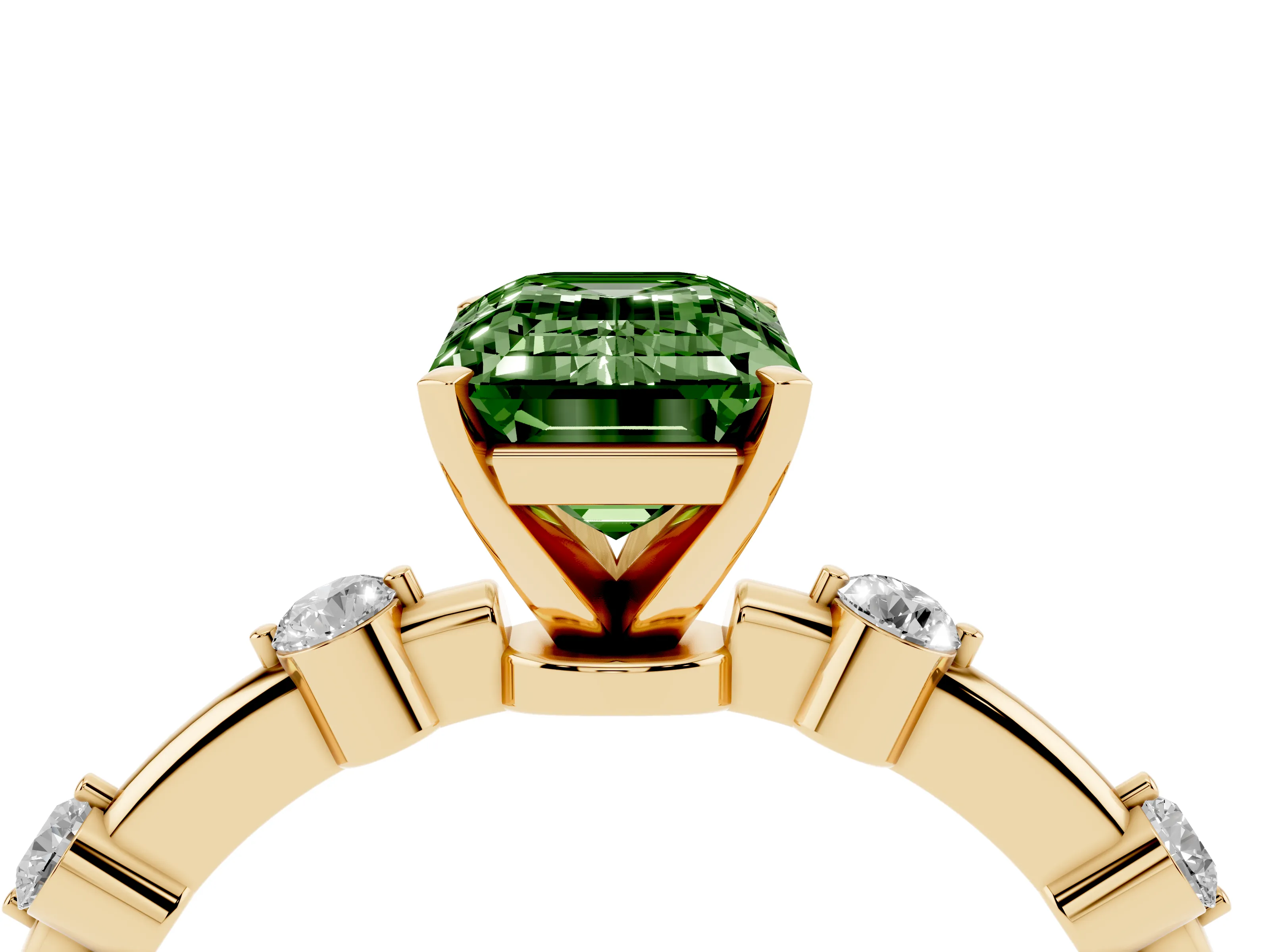 Fancy Green Emerald Cut Diamond Solitaire Ring Set in Yellow gold with Bezel Set Side Stones and Prong Setting