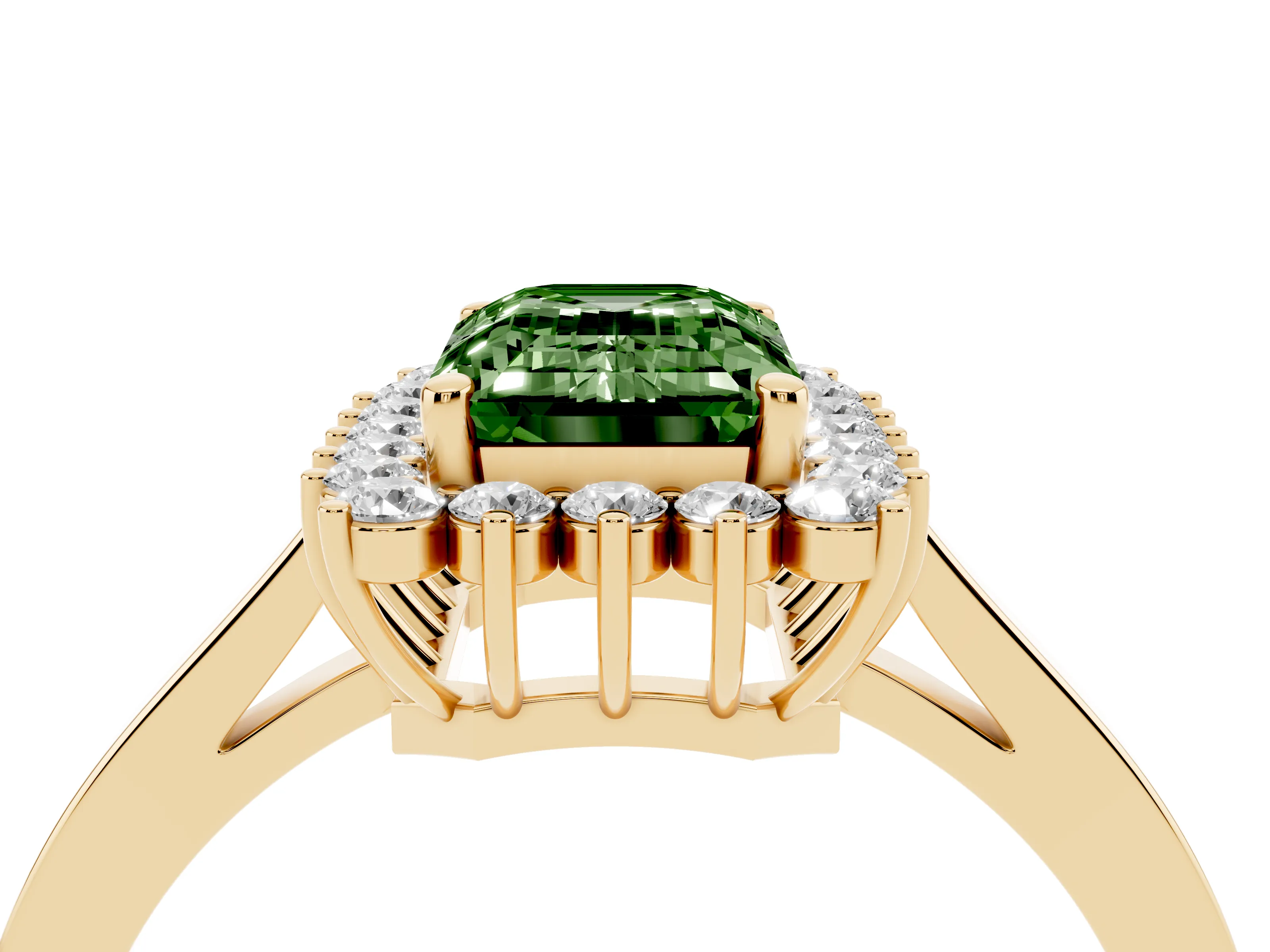 Fancy Green Emerald Cut Diamond Halo Ring Set in Yellow gold with Round Halo and Smooth Solitaire Band