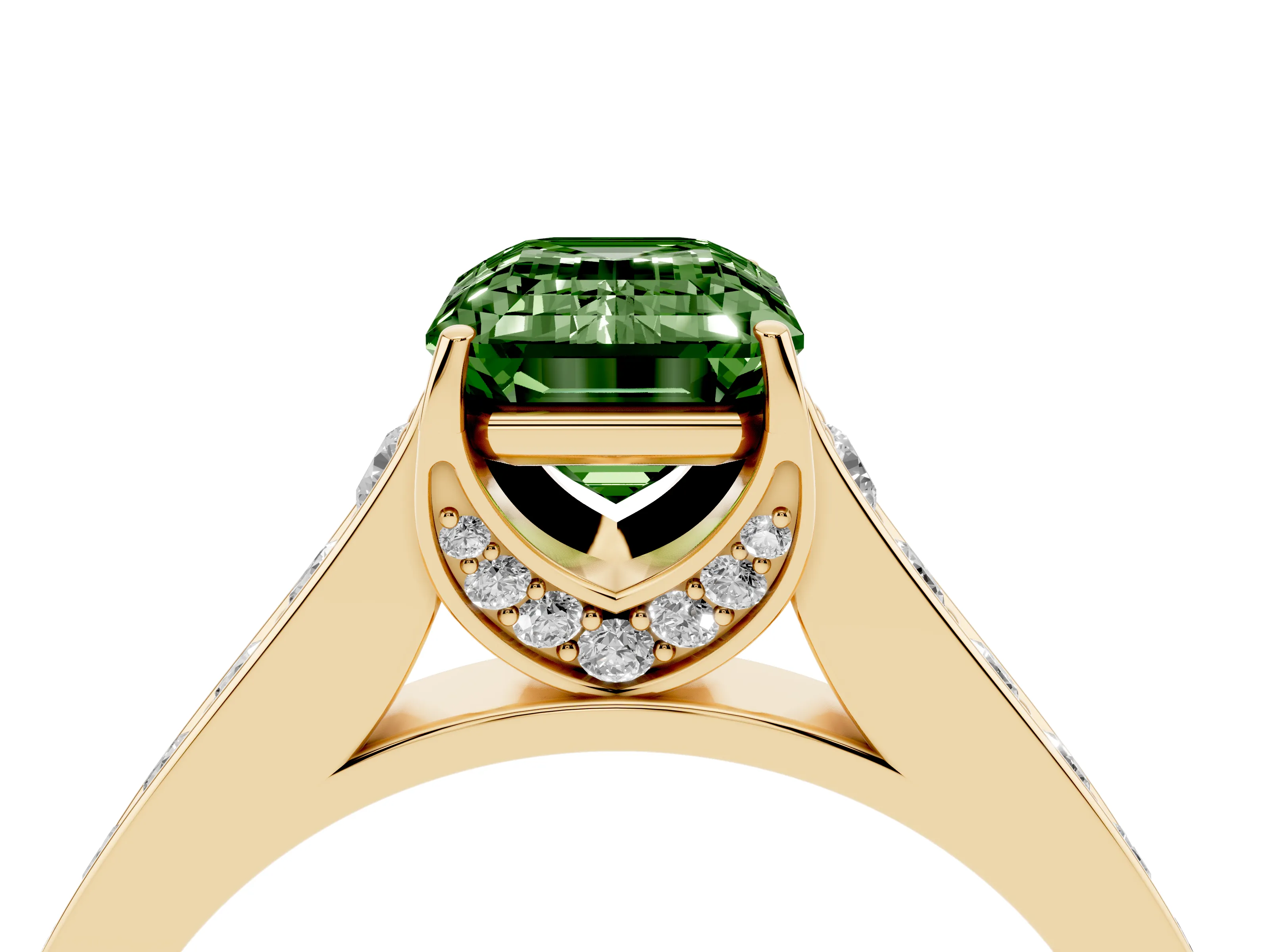Fancy Green Emerald Cut Diamond Solitaire Pavé Engagement Ring Set in Yellow gold with Prong Setting