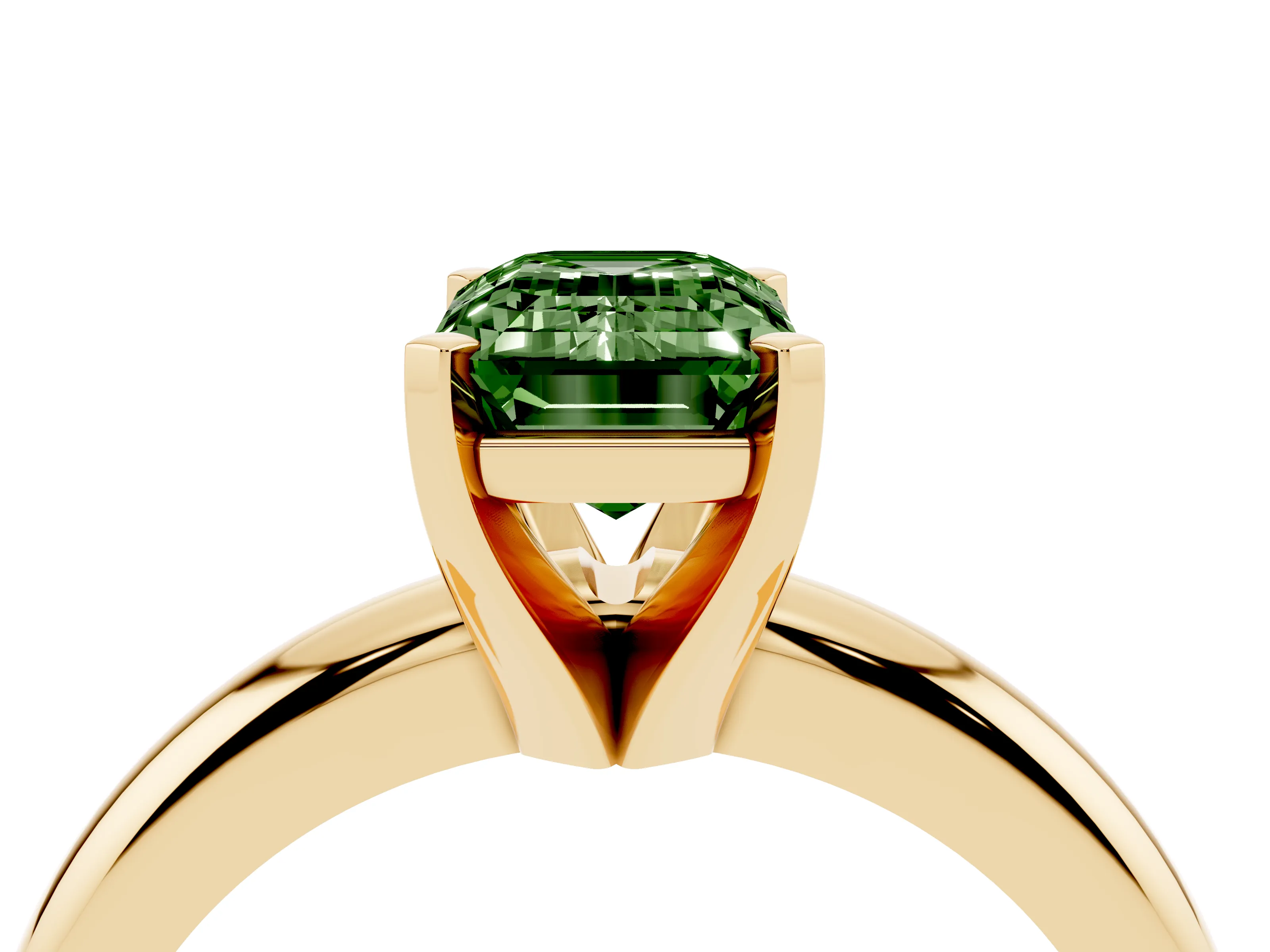 Fancy Green Emerald Cut Diamond Solitaire Engagement Ring Set in Yellow gold with Round Band and Prong Setting