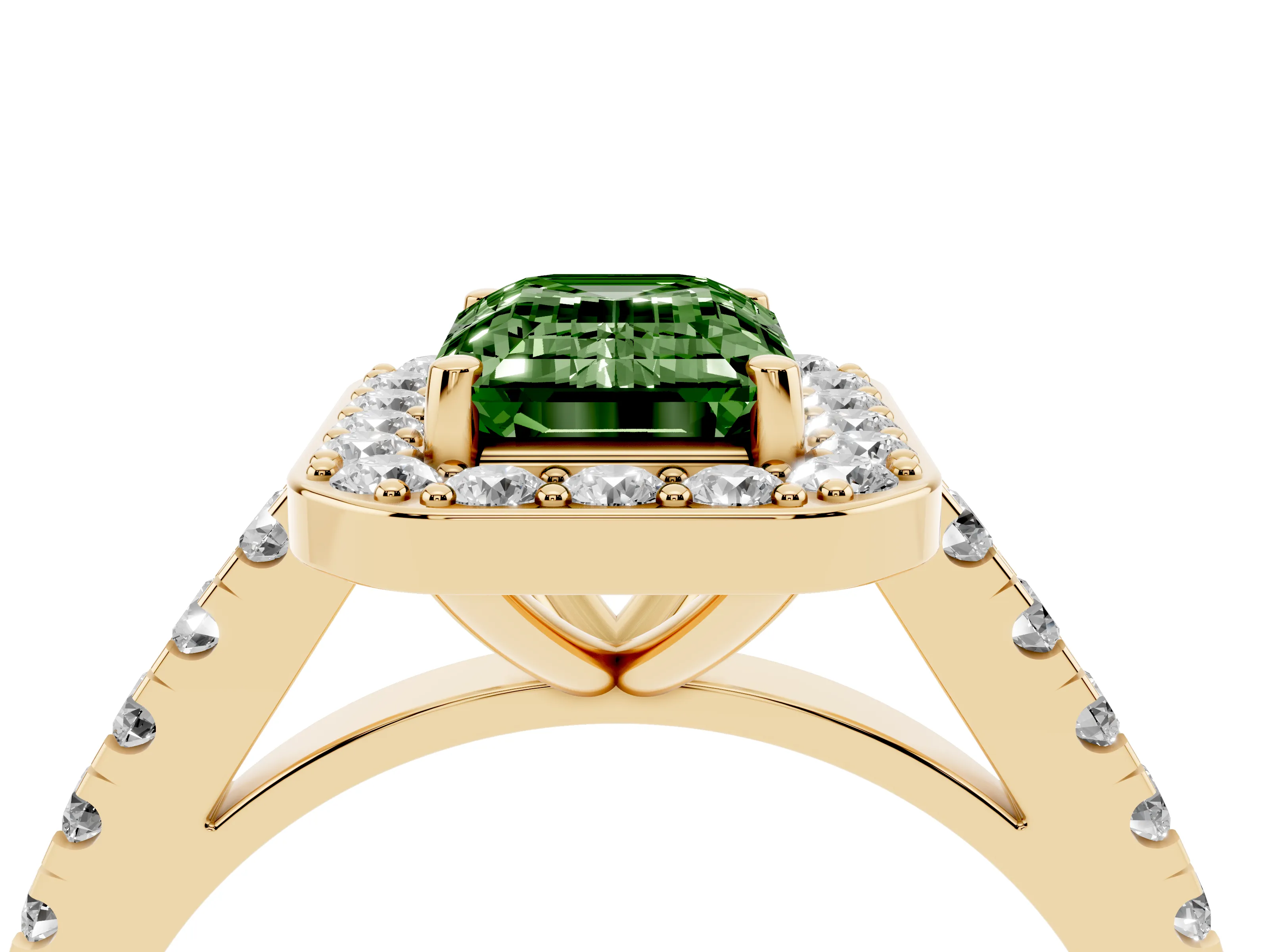 Fancy Green Emerald Cut Diamond Halo Ring Set in Yellow gold with Round Pavé Split Shank and Prong Setting