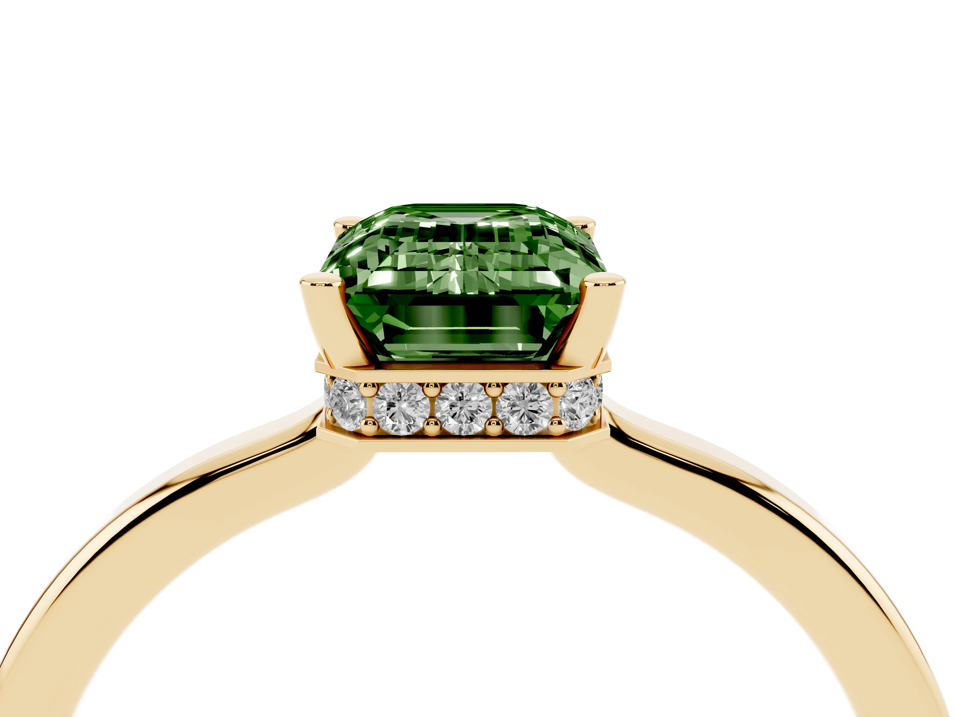 Fancy Green Emerald Cut Diamond Solitaire Engagement Ring Set in Yellow gold with Prong Setting on a Plain Band