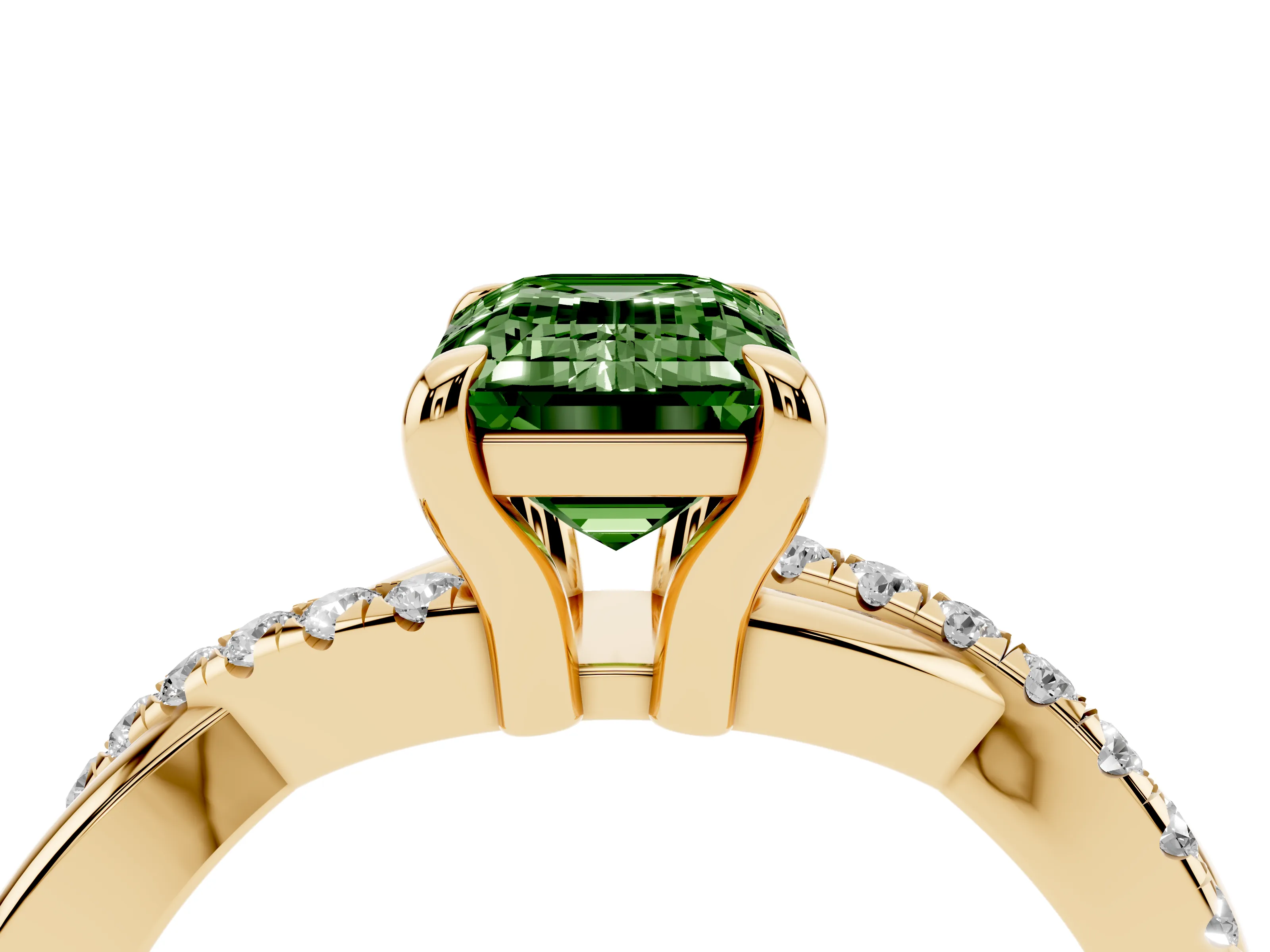 Fancy Green Emerald Cut Diamond Twist Band Pavé Solitaire Ring Set in Yellow gold with Prong Setting