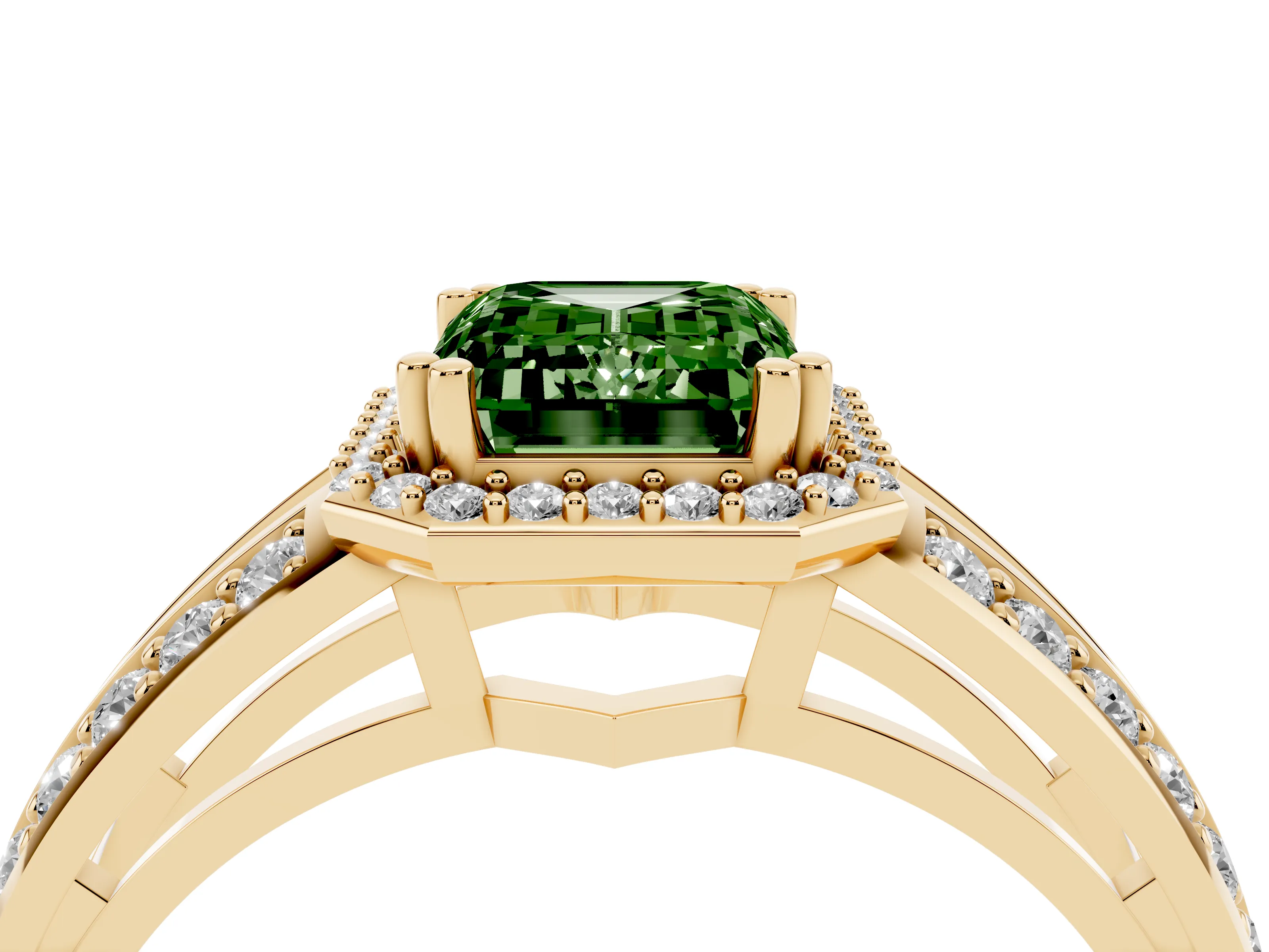 Fancy Green Emerald Cut Diamond Halo Ring Set in Yellow gold with Double Pavé Split Shank