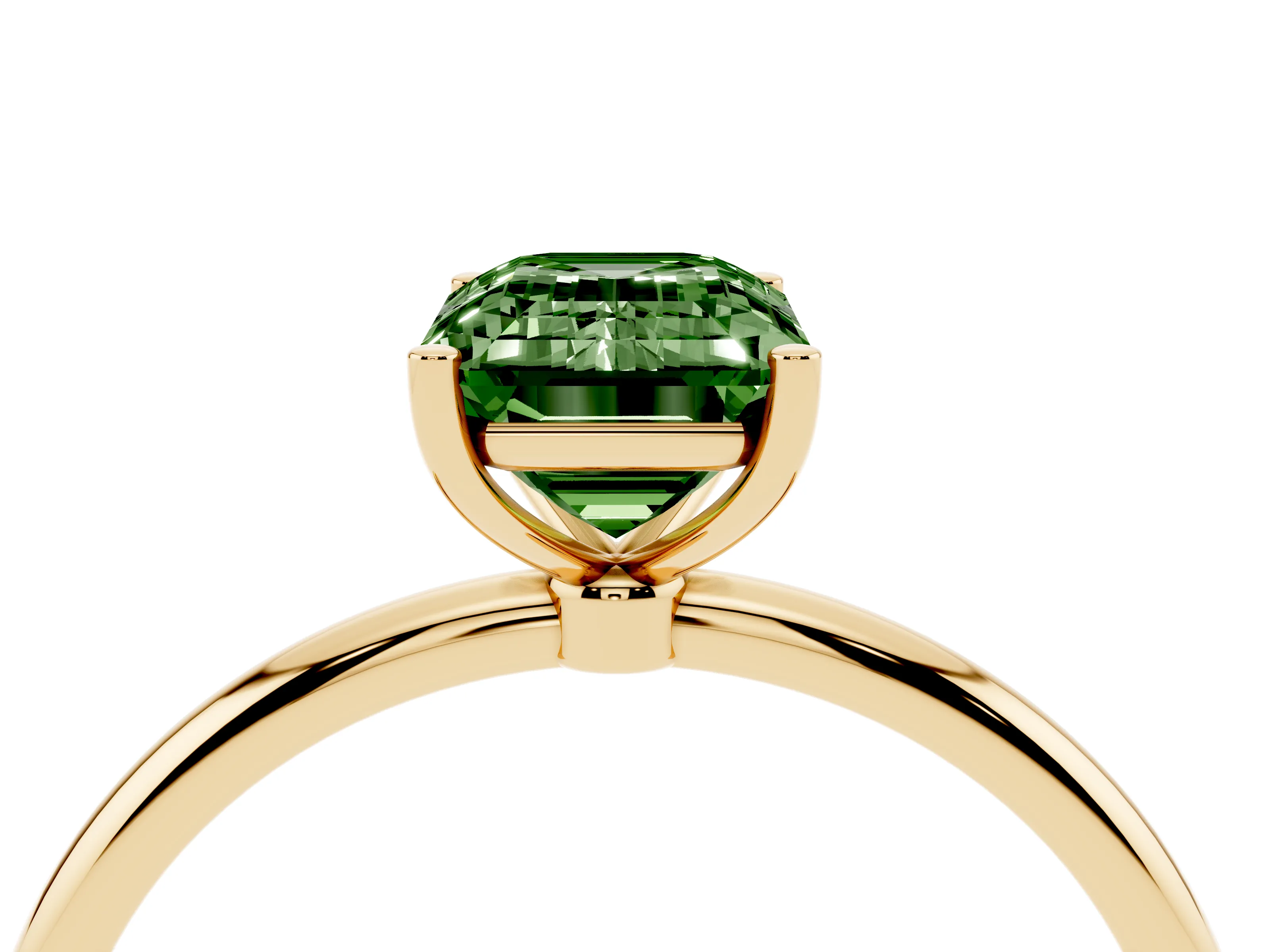 Fancy Green Emerald Cut Diamond Solitaire Engagement Ring Set in Yellow gold with Thin Band and Prong Setting