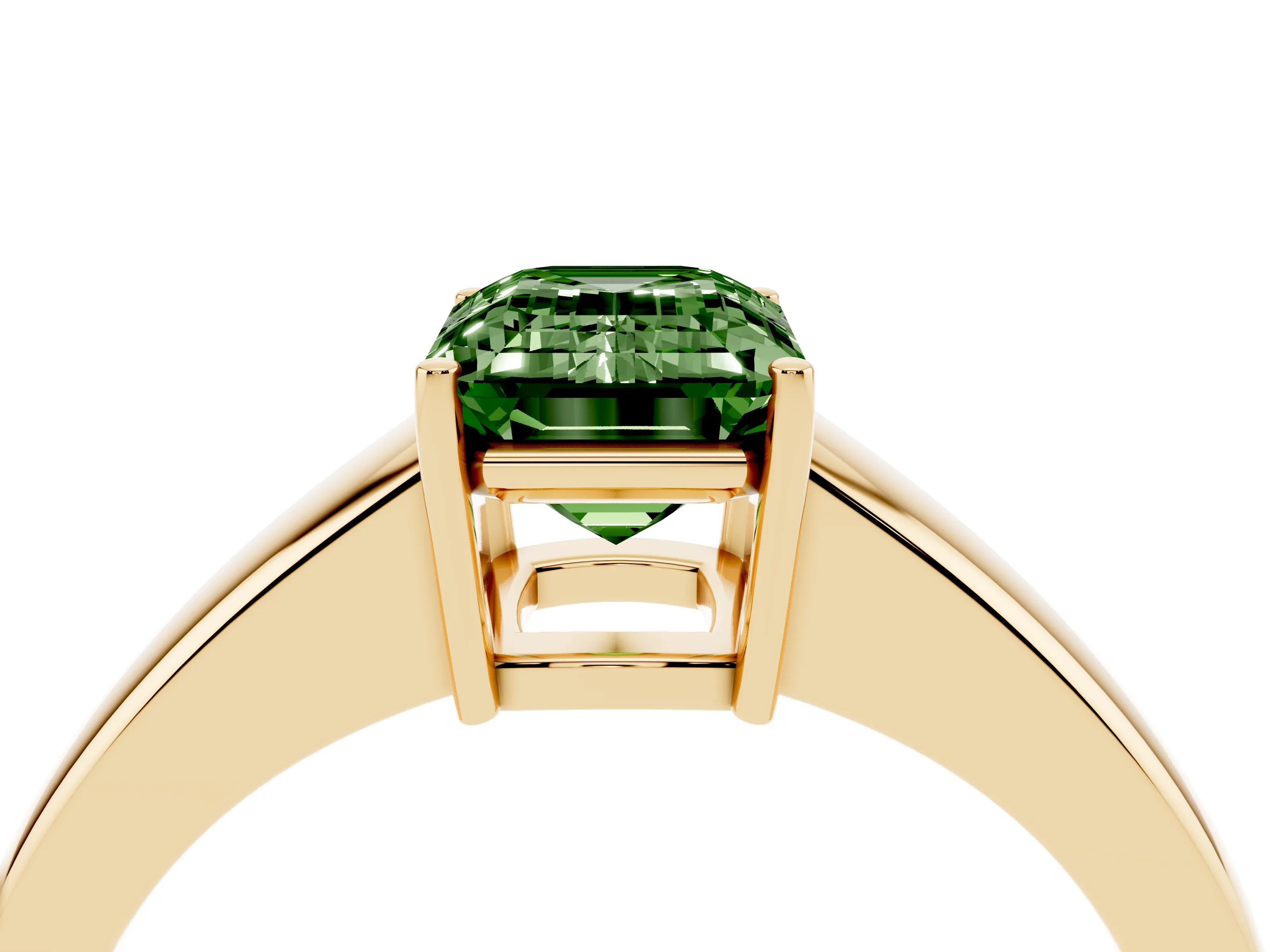 Fancy Green Emerald Cut Diamond Solitaire Ring Set in Yellow gold with Tapered Band and Prong Setting