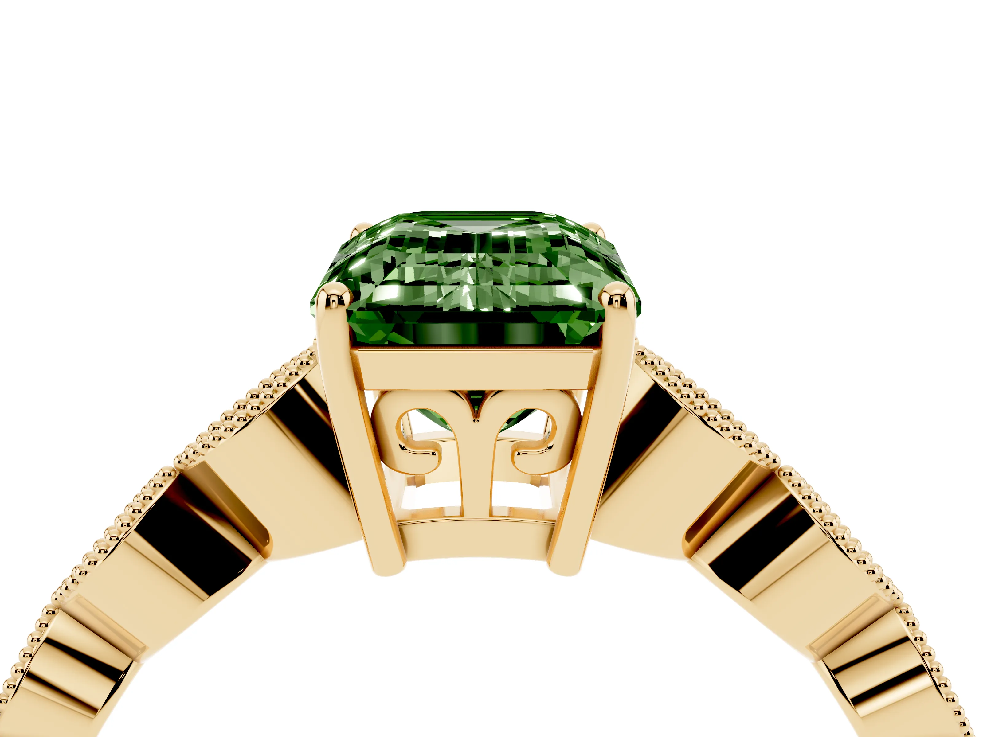 Fancy Green Emerald Cut Diamond Solitaire Ring Set in Yellow gold with Infinity Twist Pavé Band