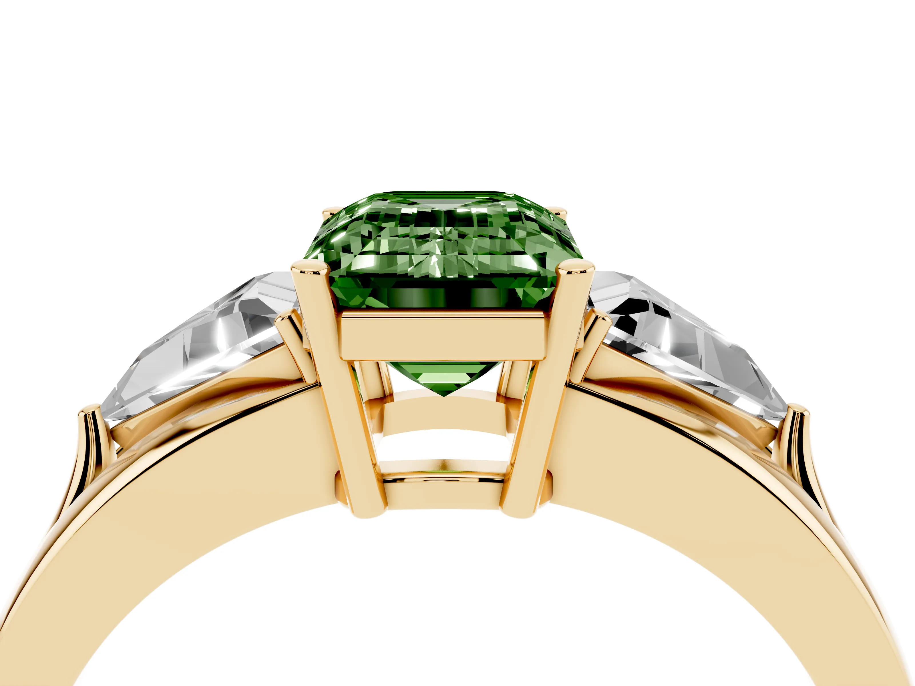 Fancy Green Emerald Cut Diamond Three-Stone Ring Set in Yellow gold with Trillion Side Stones and Split Shank