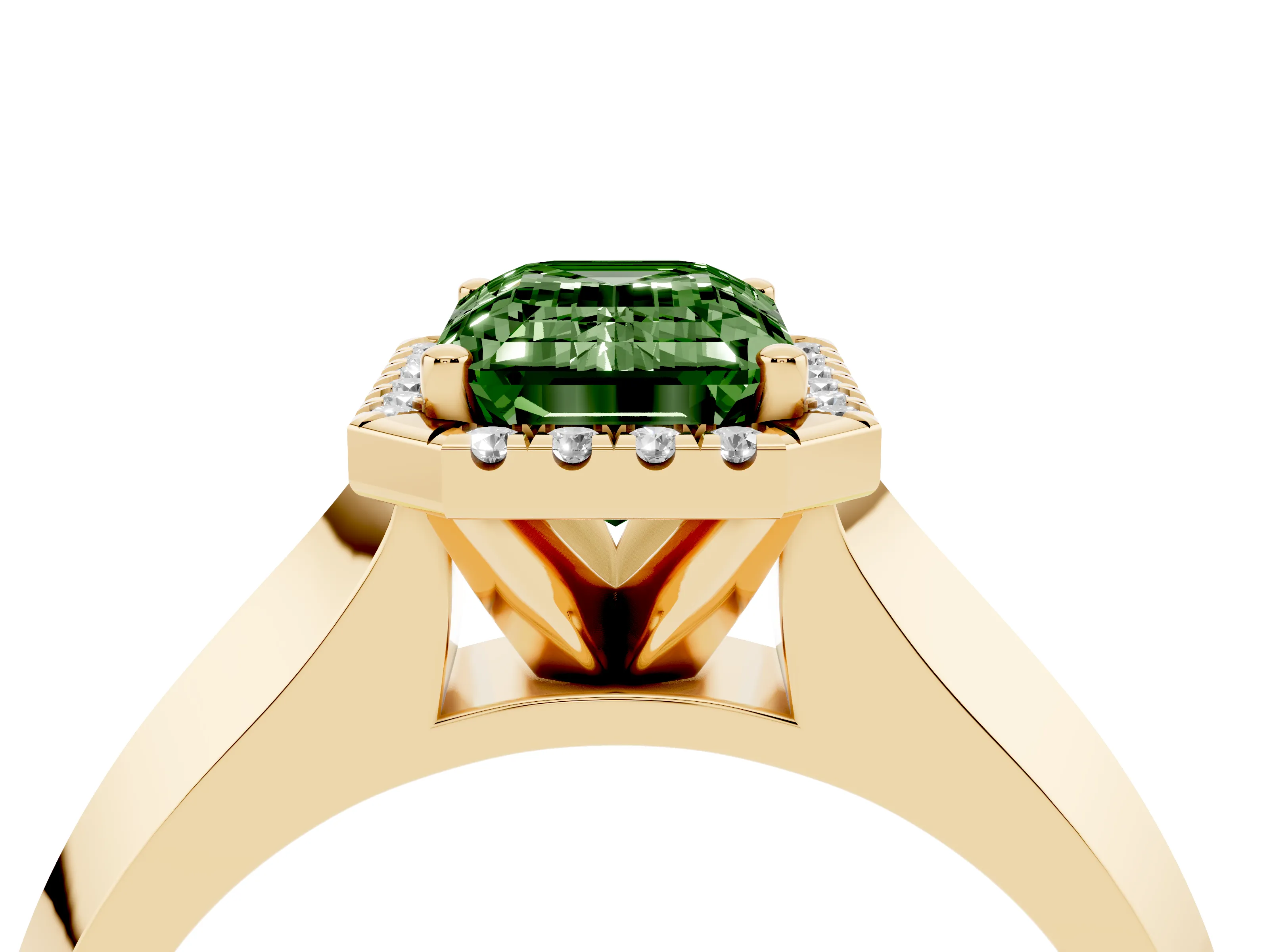 Fancy Green Emerald Cut Diamond Halo Ring Set in Yellow gold with Cathedral Band and Prong Setting