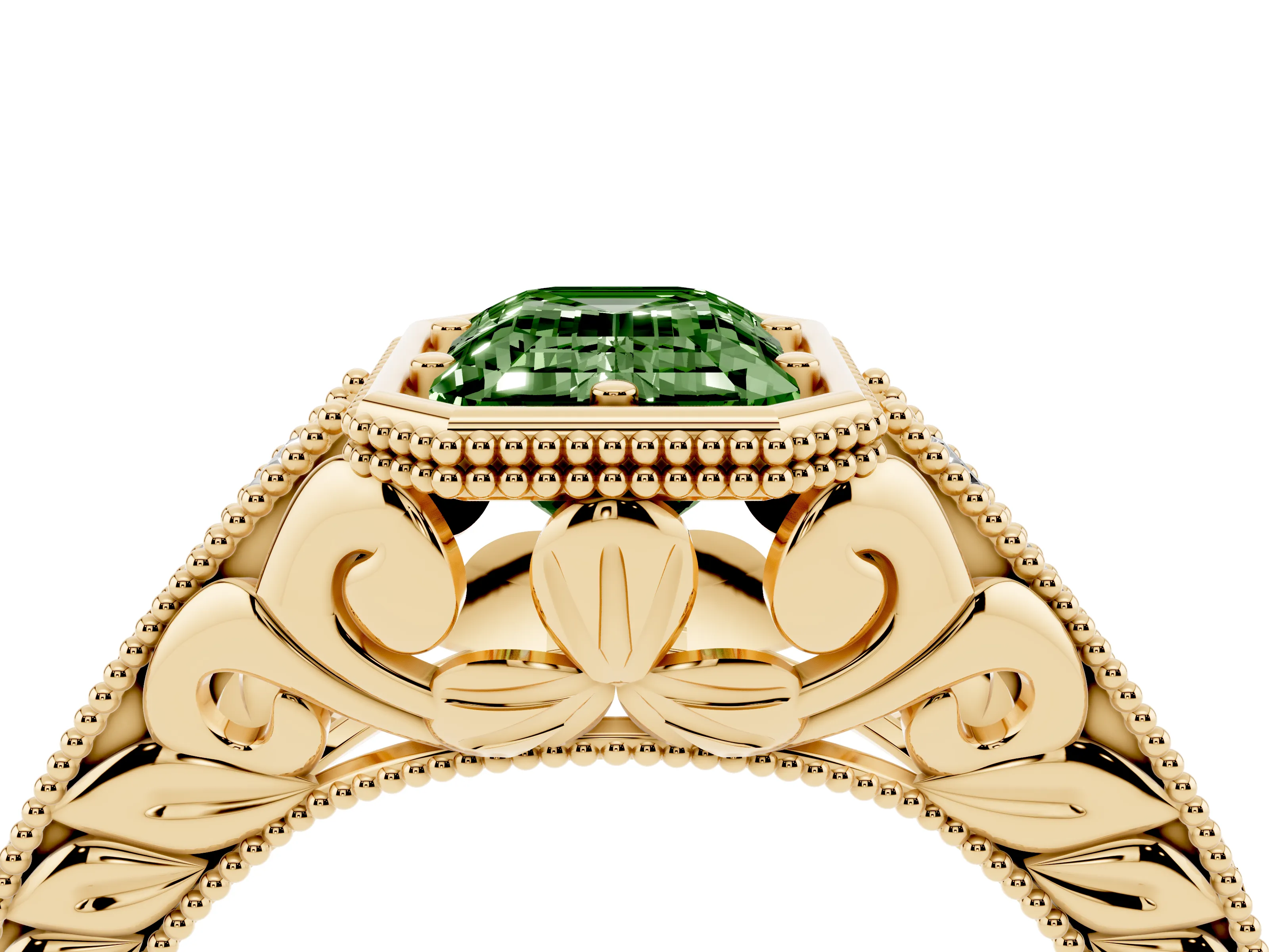 Fancy Green Bezel Set Emerald Cut Diamond Milgrain Pavé Engagement Ring Set in Yellow gold