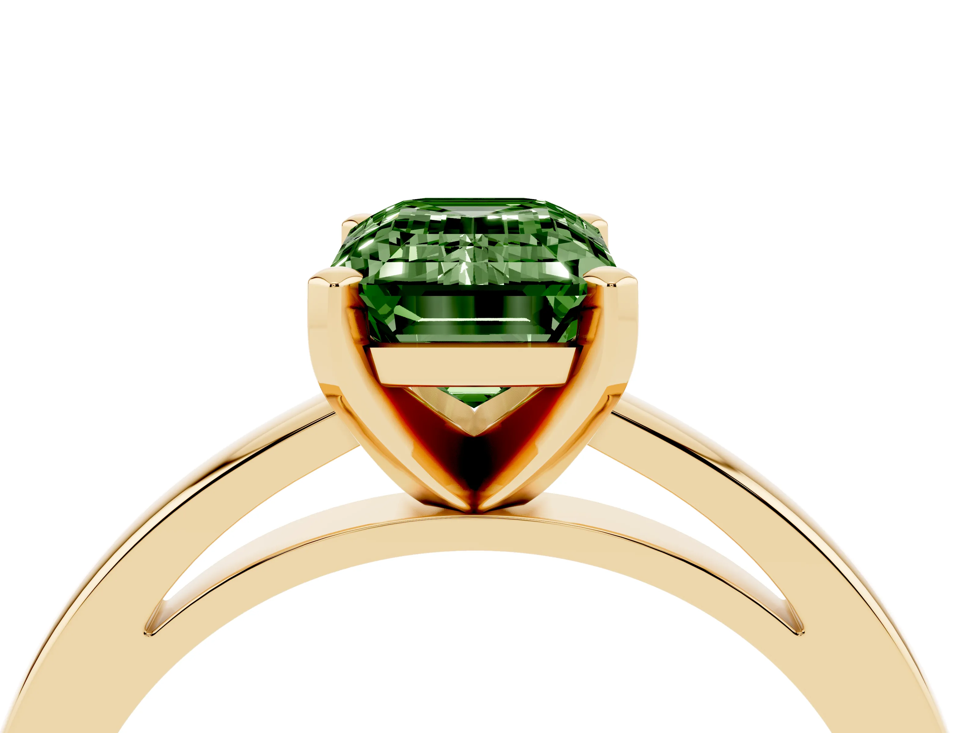 Fancy Green Emerald Cut Diamond Solitaire Engagement Ring Set in Yellow gold with Prong Setting on a Classic Band