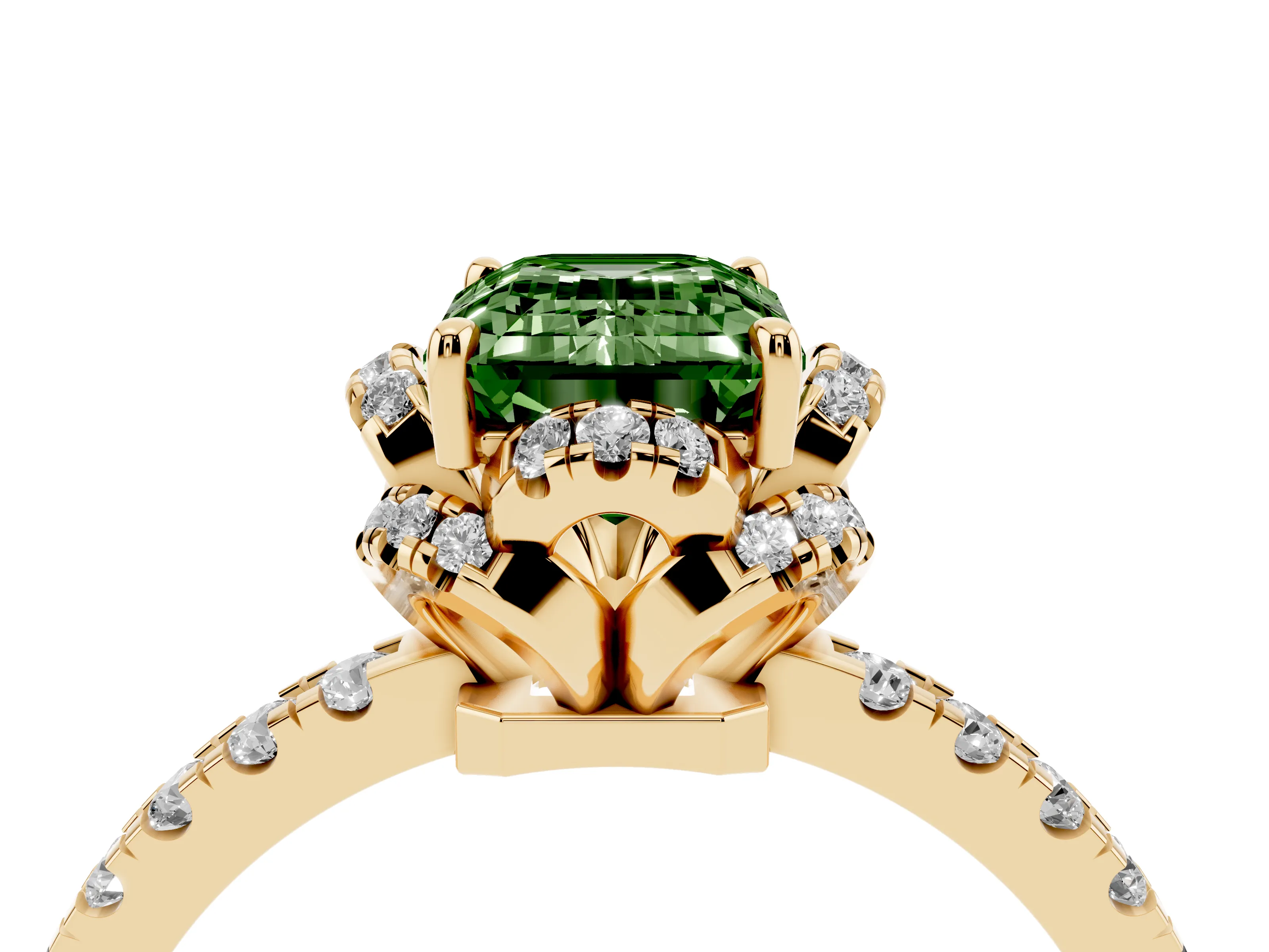 Fancy Green Emerald Cut Diamond Halo Pavé Band Ring Set in Yellow gold with Prong-Held Center