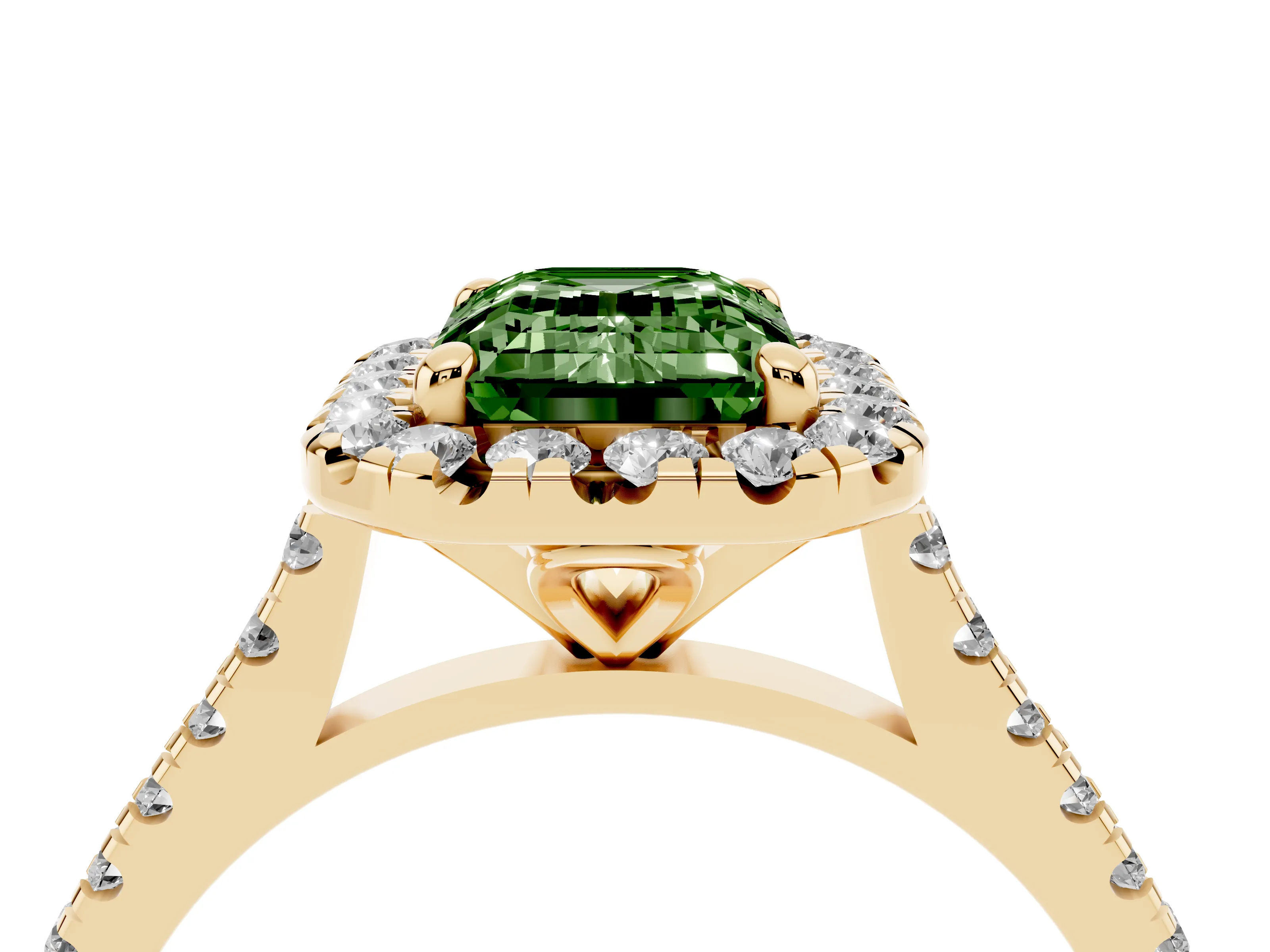Fancy Green Emerald Cut Diamond Cushion Halo Ring Set in Yellow gold with Pavé Band
