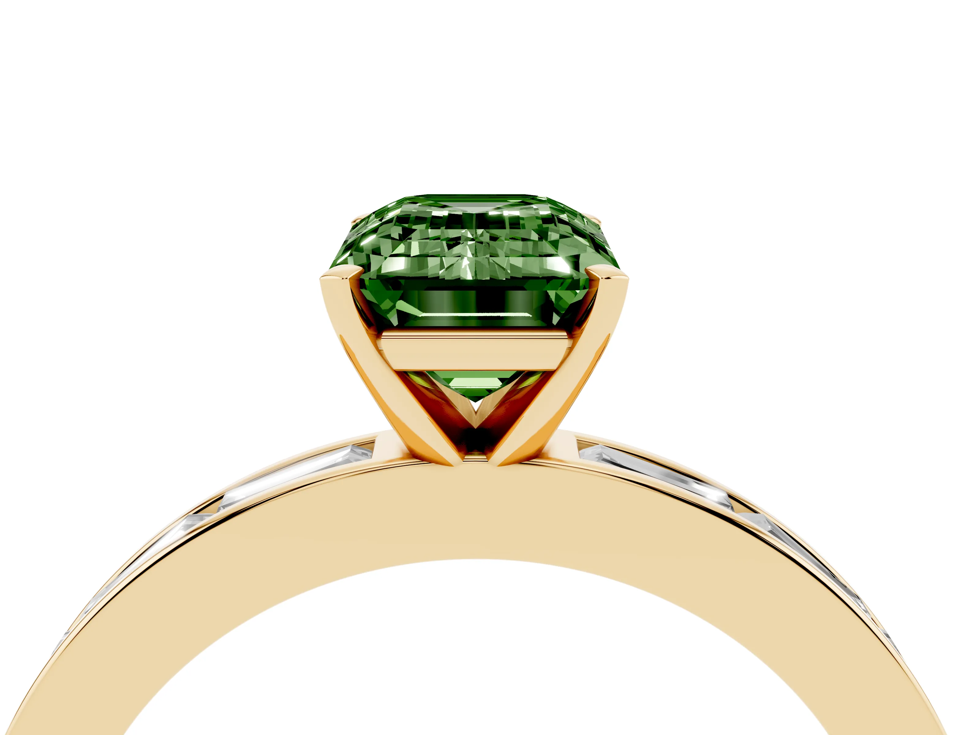Fancy Green Emerald Cut Diamond Solitaire Ring Set in Yellow gold with Channel-Set Baguette Band and Prong Setting