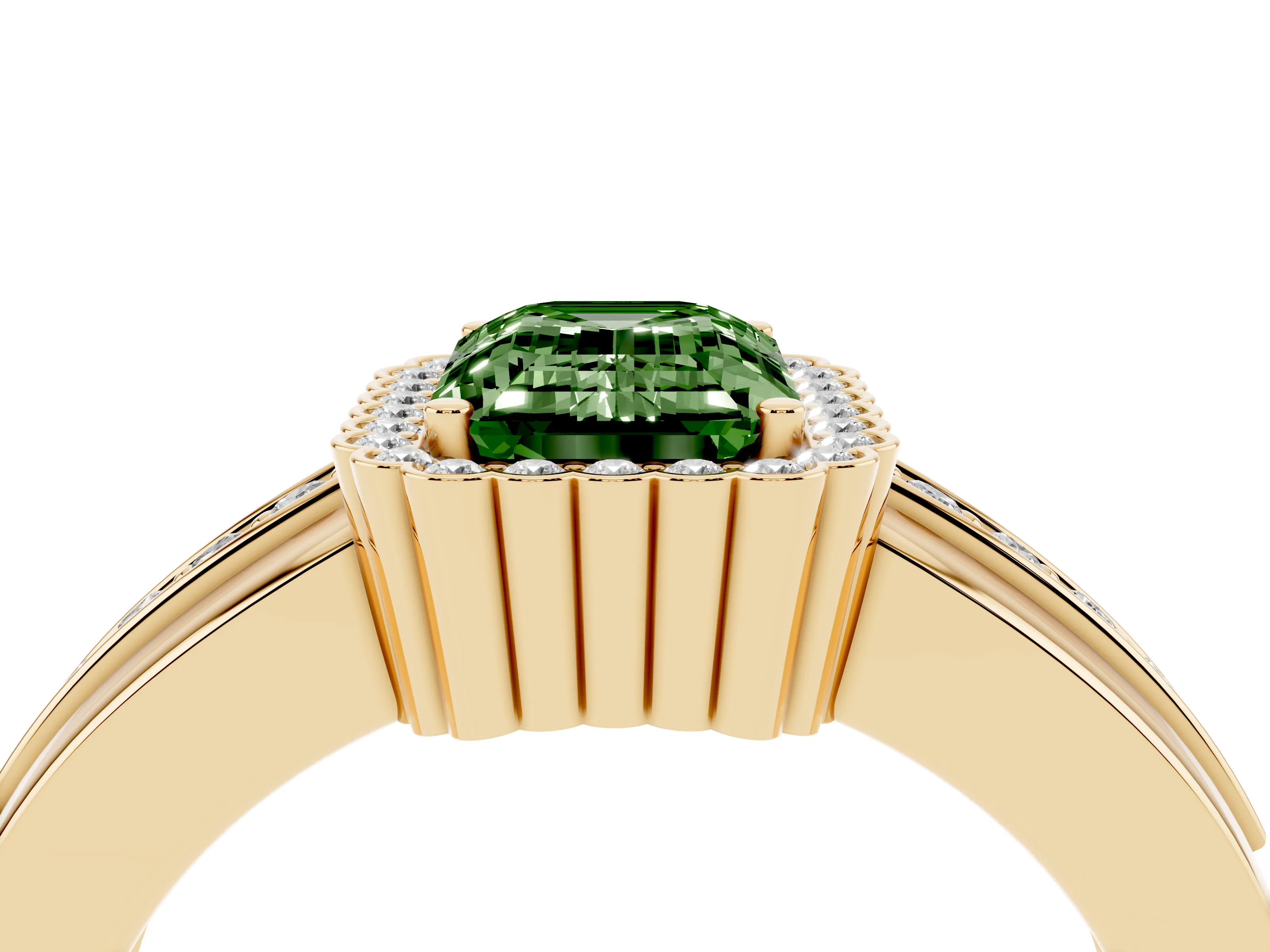 Fancy Green Emerald Cut Diamond Halo Prong Ring Set in Yellow gold with Pavé Band
