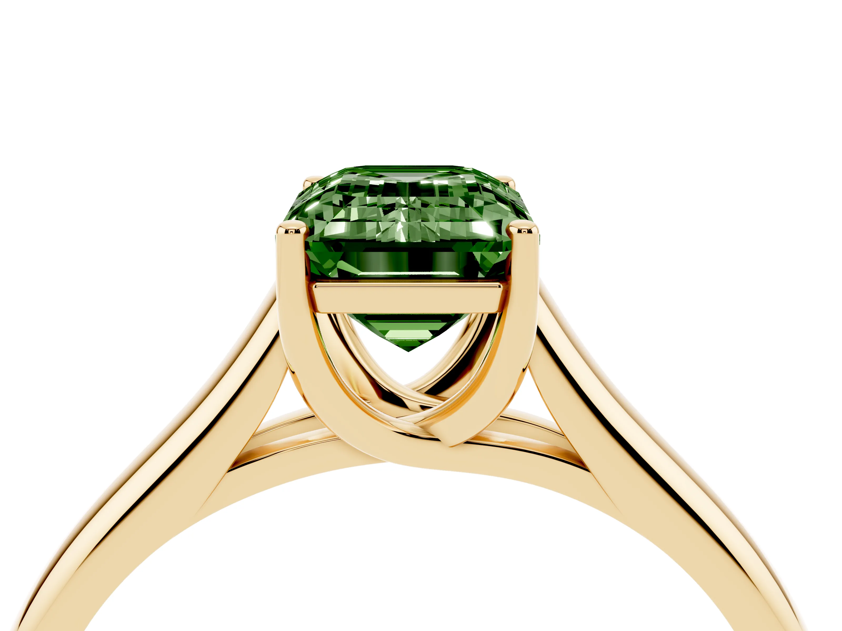 Fancy Green Emerald Cut Diamond Solitaire Engagement Ring Set in Yellow gold with Subtly Tapered Band and Prong Setting