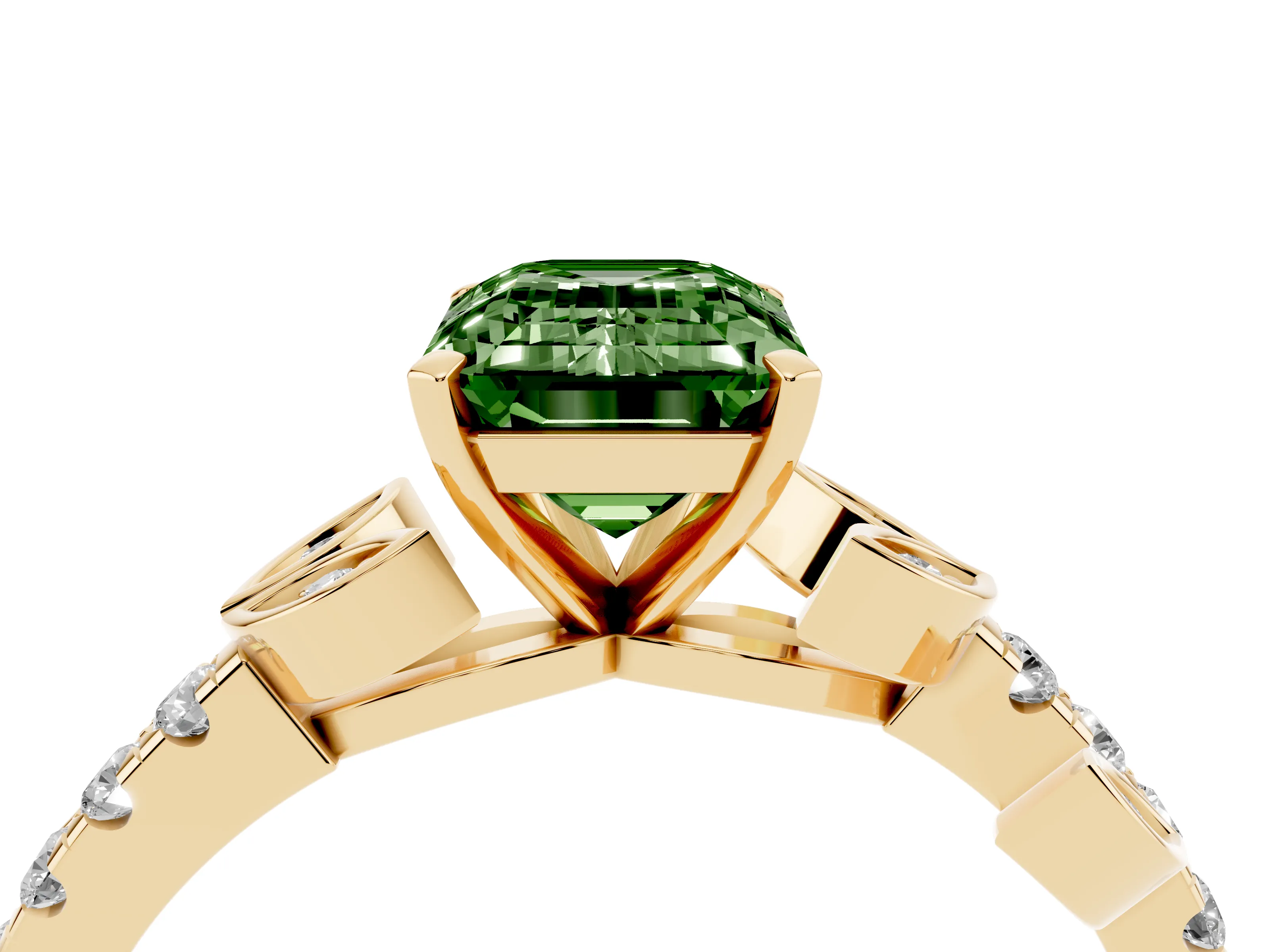 Fancy Green Emerald Cut Diamond Solitaire Leaf-Inspired Ring Set in Yellow gold with Pavé Band and Prong Setting
