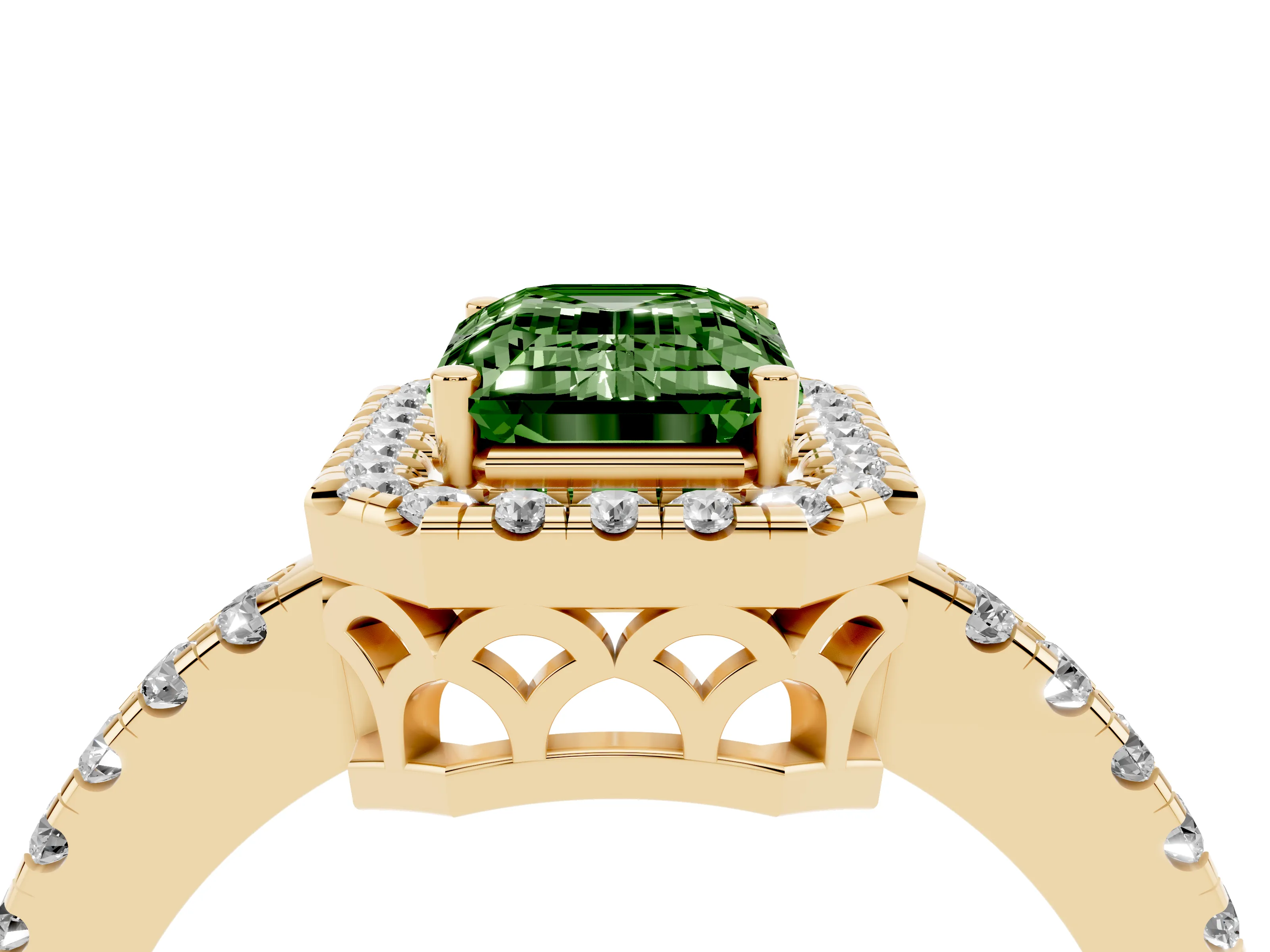Fancy Green Emerald Cut Diamond Pavé Band Halo Engagement Ring Set in Yellow gold with Prong Setting