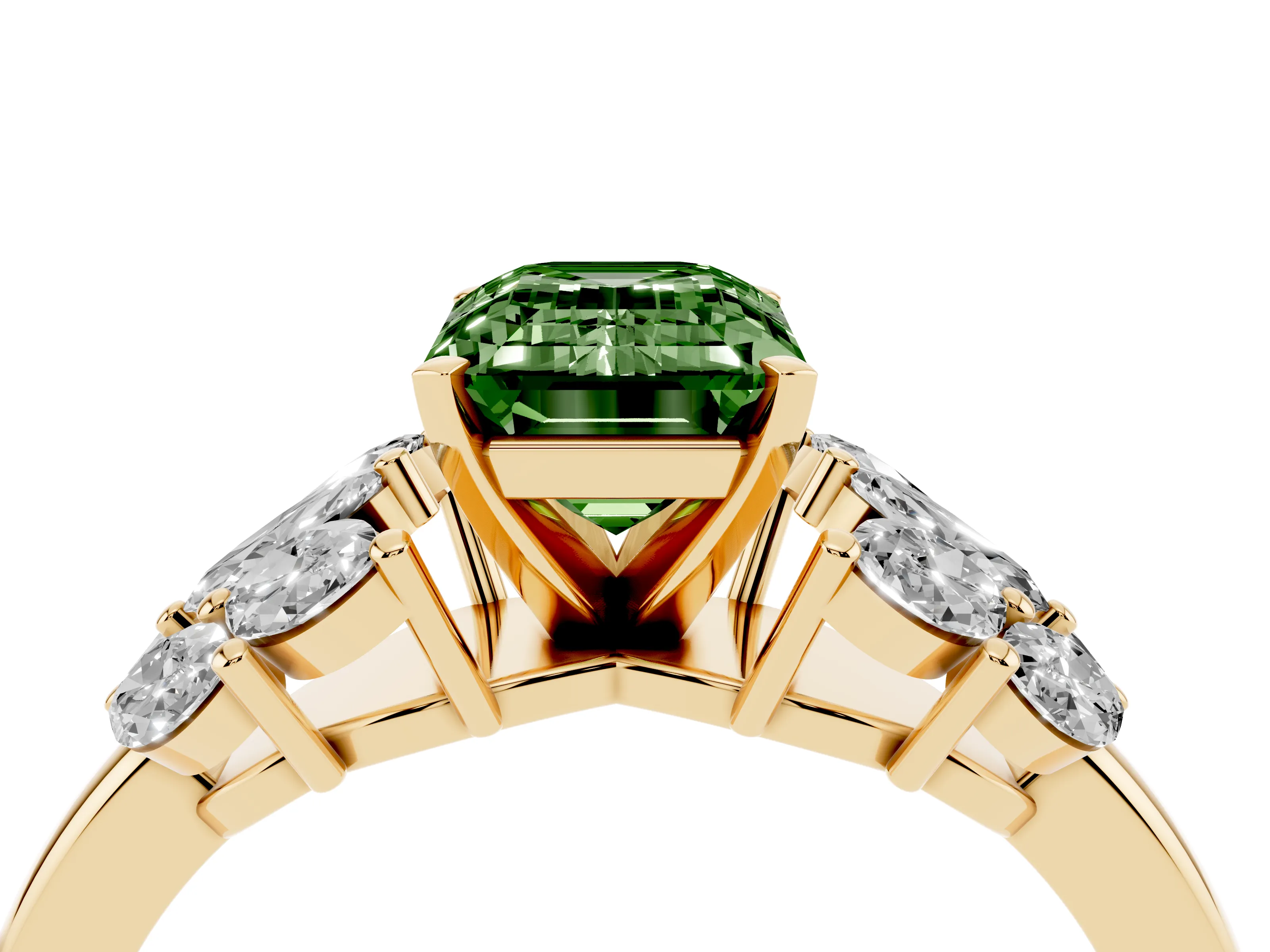 Fancy Green Emerald Cut Diamond Cluster Leaf Design Ring Set in Yellow gold with Prong Setting