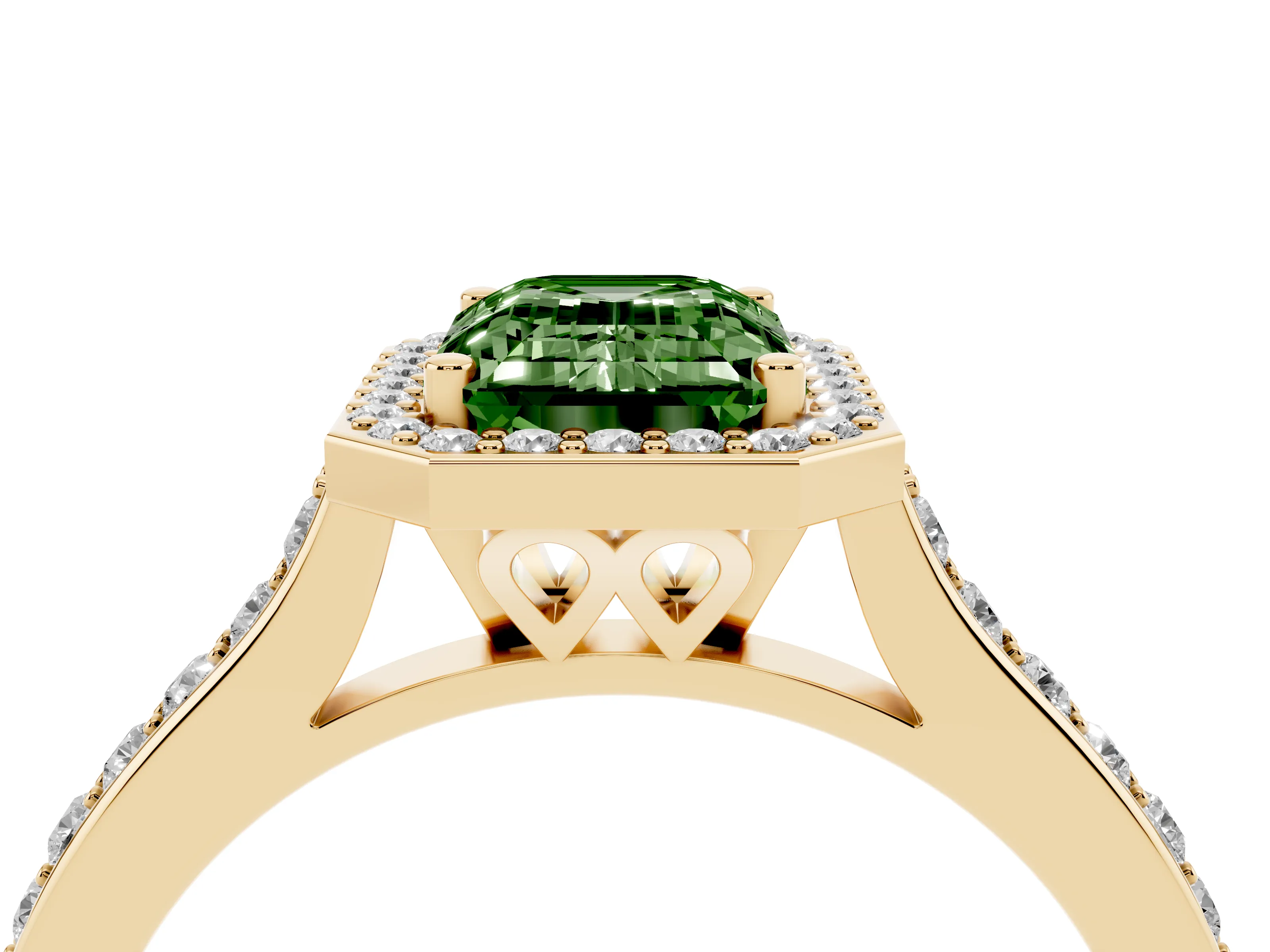 Fancy Green Emerald Cut Diamond Halo Engagement Ring Set in Yellow gold with Round Pavé Shoulders and Heart Gallery