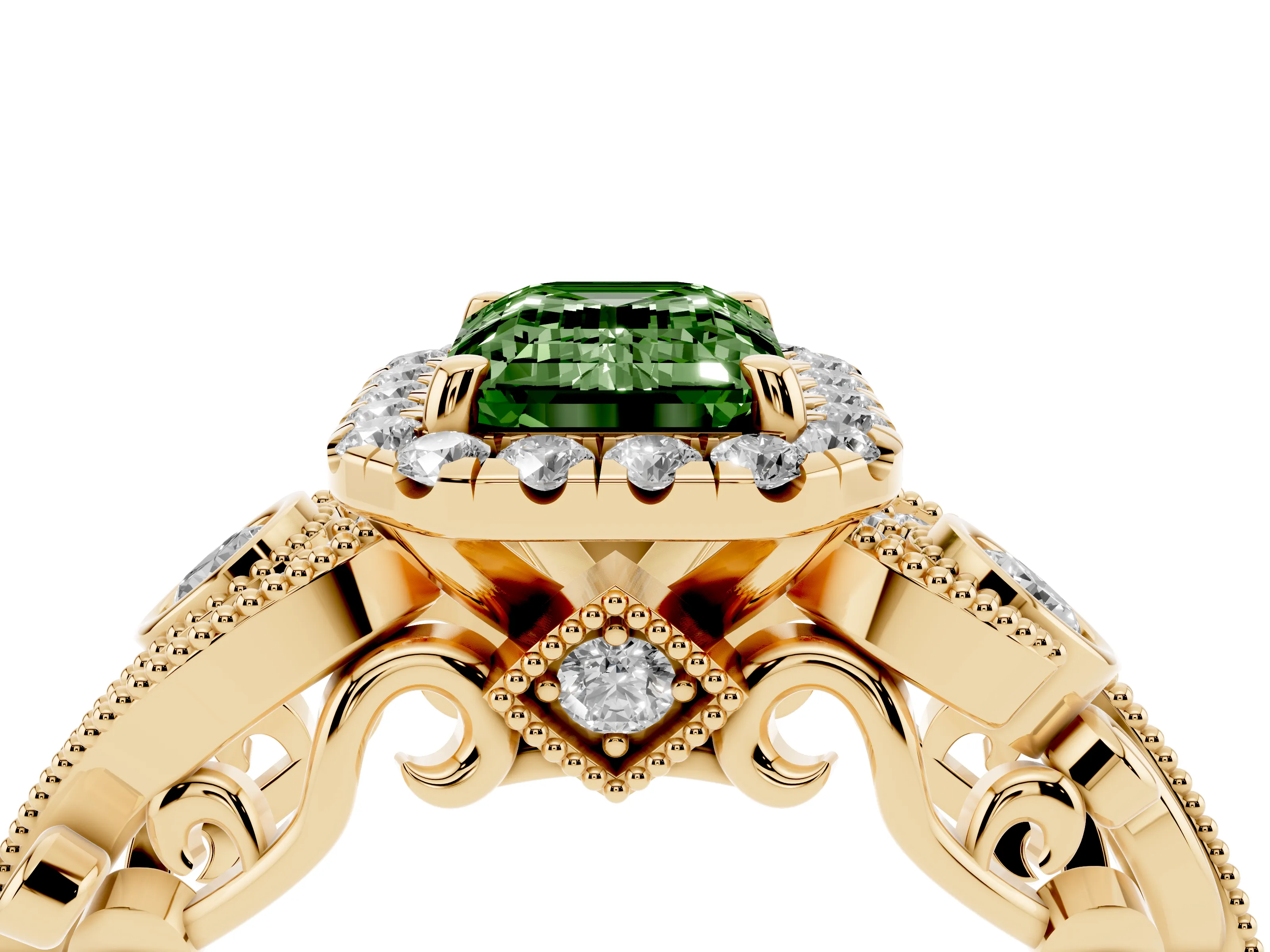 Fancy Green Emerald Cut Diamond Halo Ring Set in Yellow gold with Milgrain Pavé Band and Prong Setting
