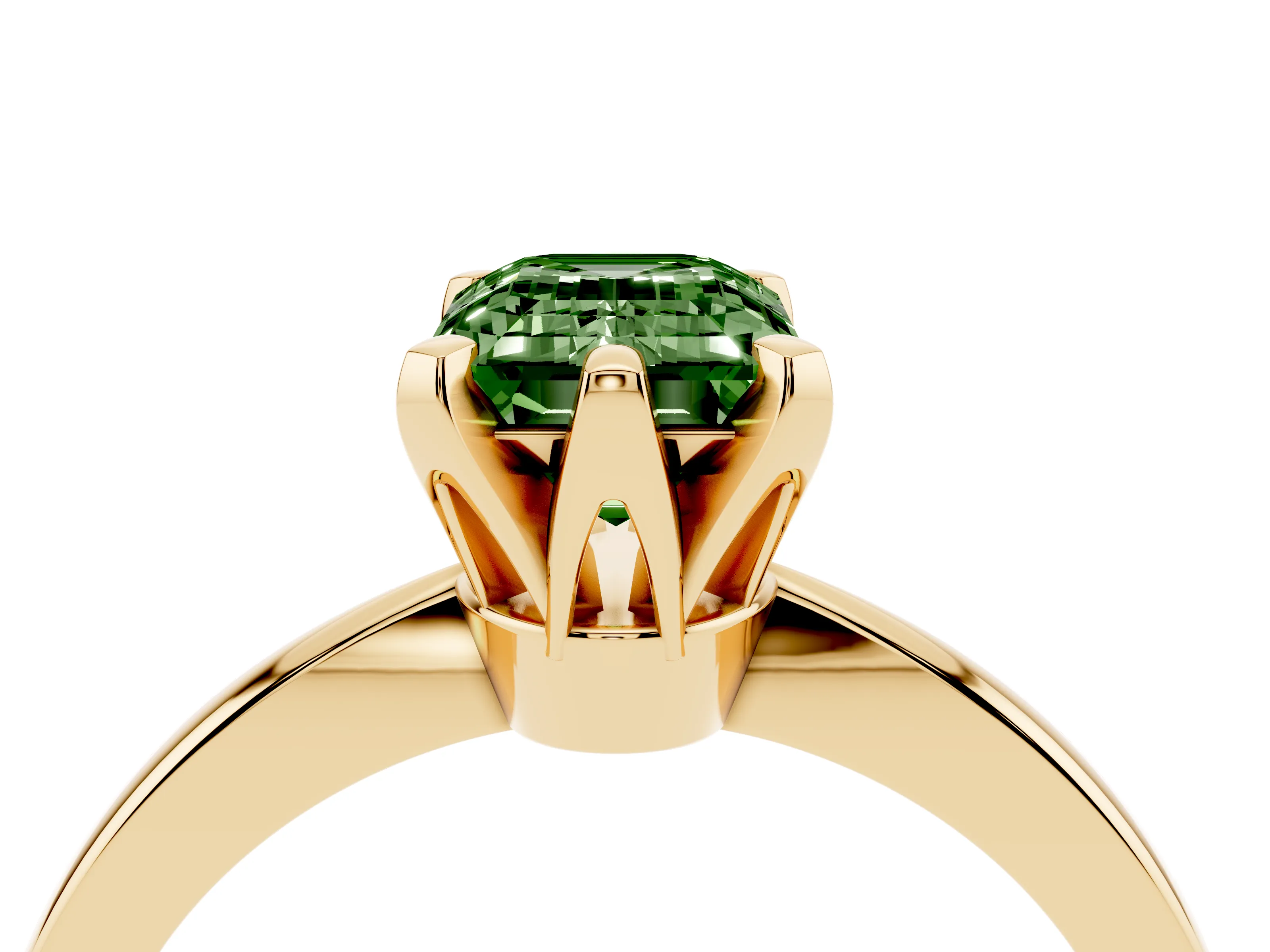 Fancy Green Emerald Cut Diamond Solitaire Engagement Ring Set in Yellow gold with Slim Tapered Solitaire Band