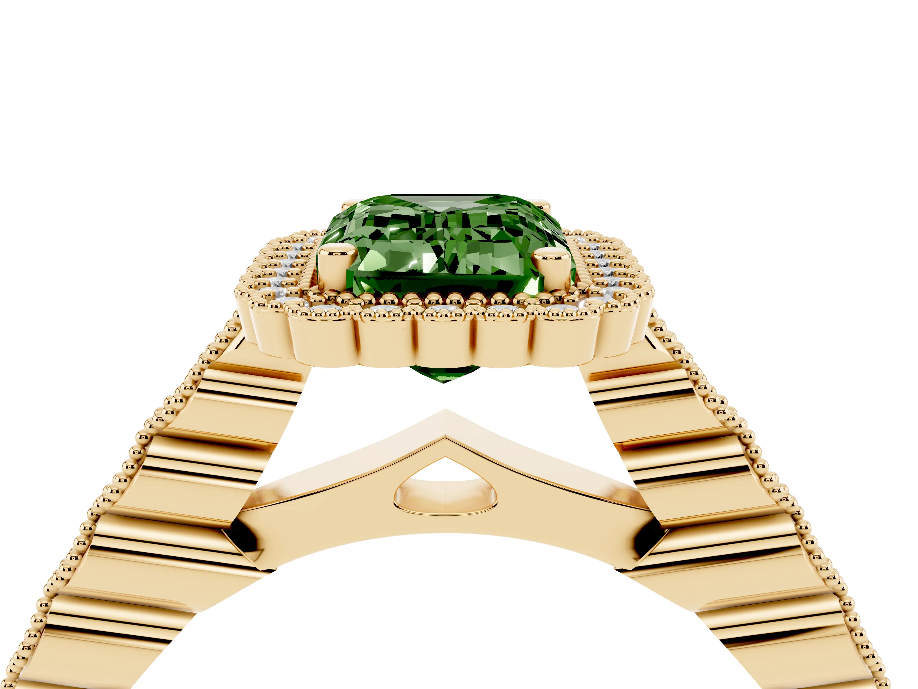 Fancy Green Emerald Cut Diamond Halo Ring Set in Yellow gold with Pavé Milgrain Band