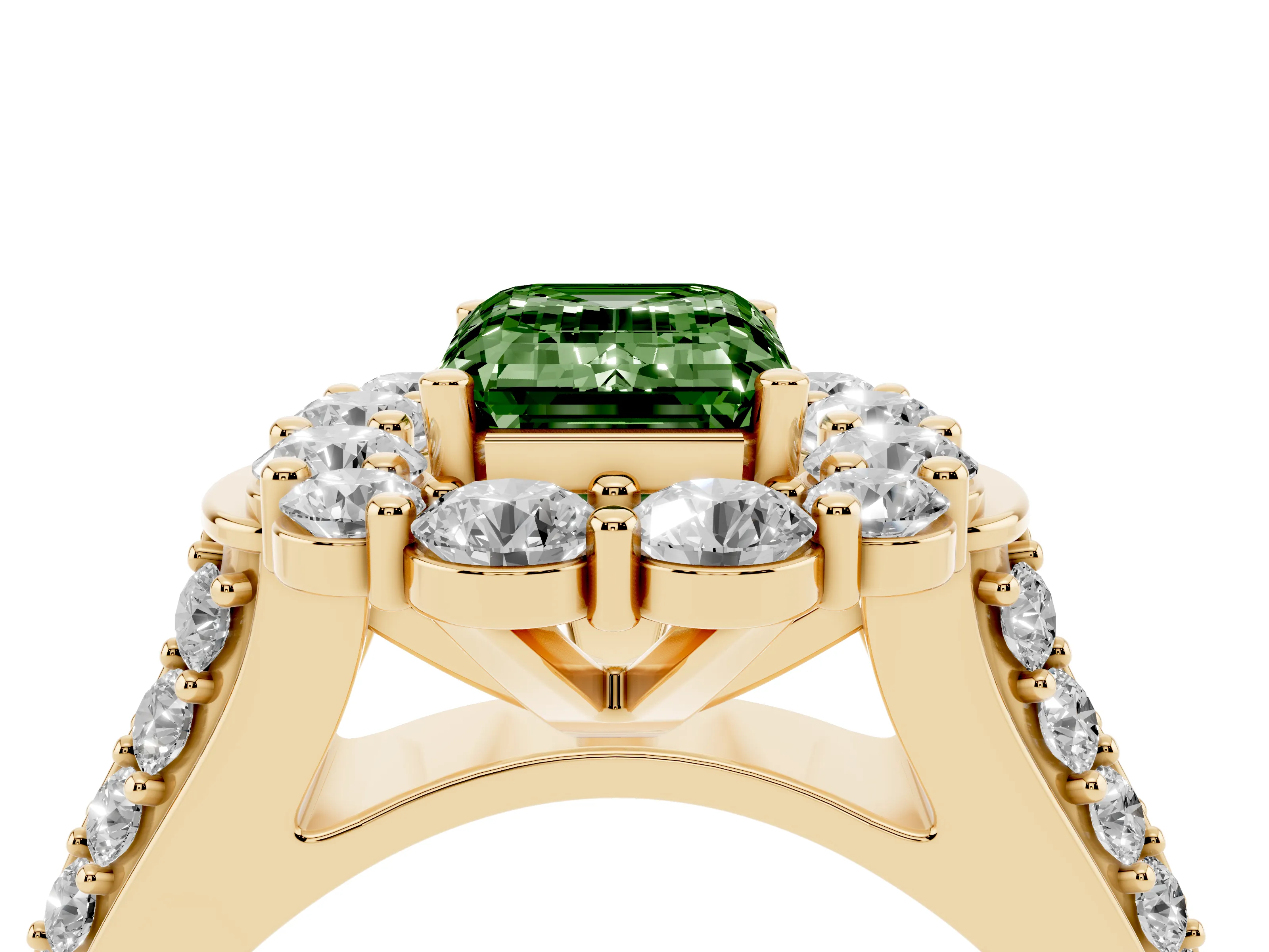 Fancy Green Emerald Cut Diamond Halo Engagement Ring Set in Yellow gold with Split Shank and Prong Setting