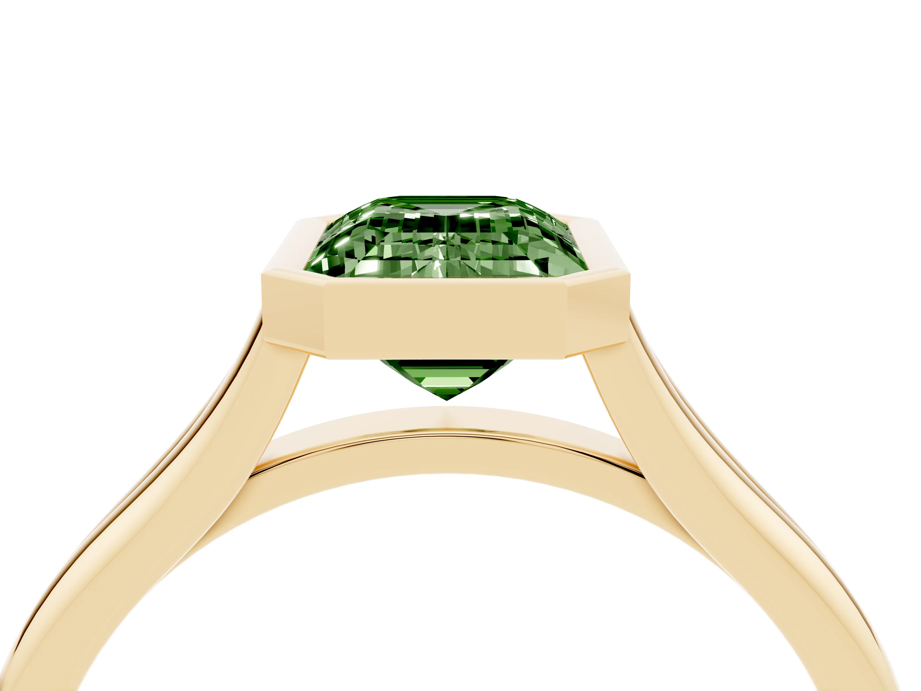 Fancy Green Bezel Set Emerald Cut Diamond Solitaire Ring Set in Yellow gold with Tapered Band