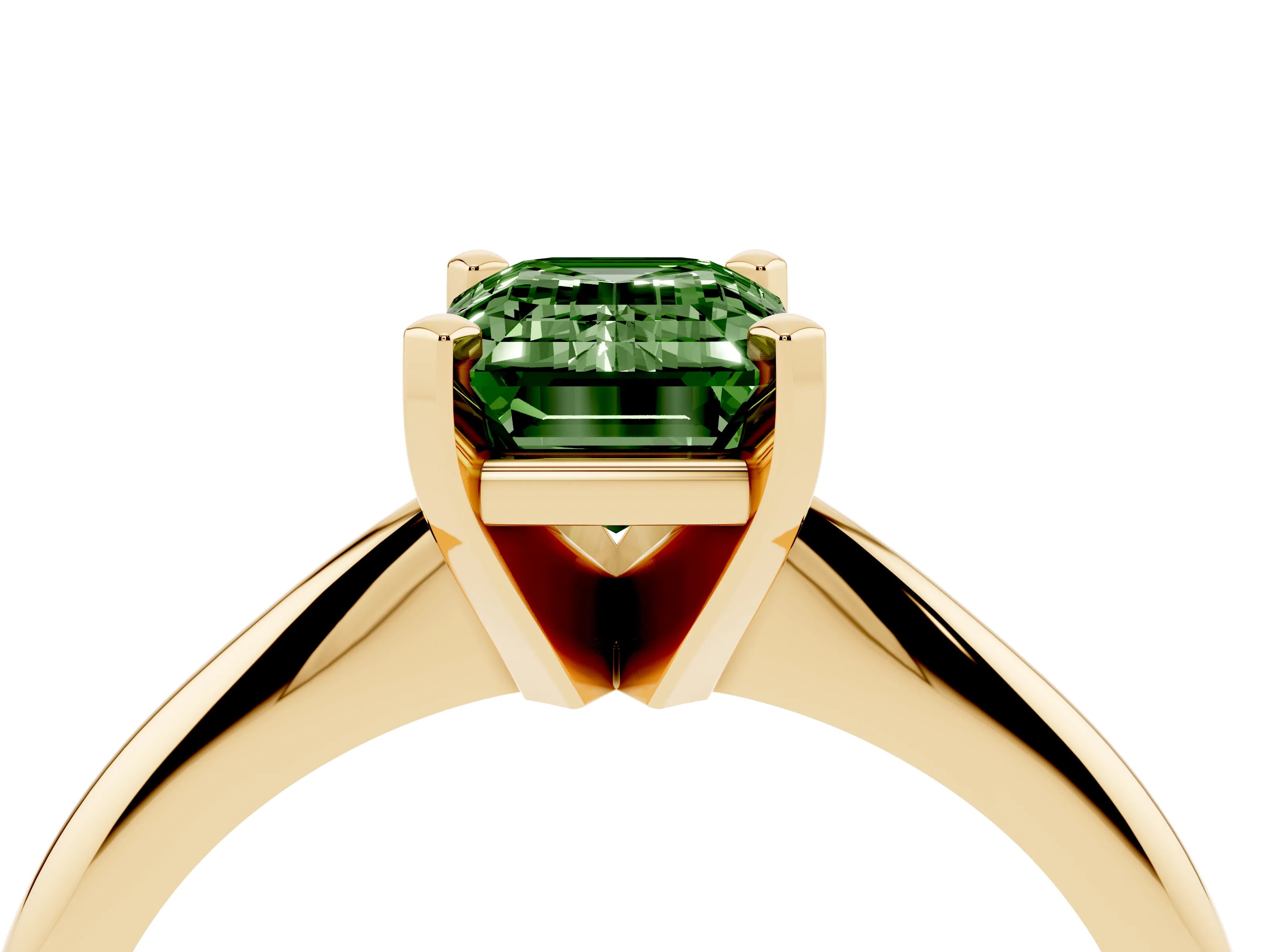 Fancy Green Emerald Cut Diamond Solitaire Ring Set in Yellow gold with Prong Setting on a Plain Round Band