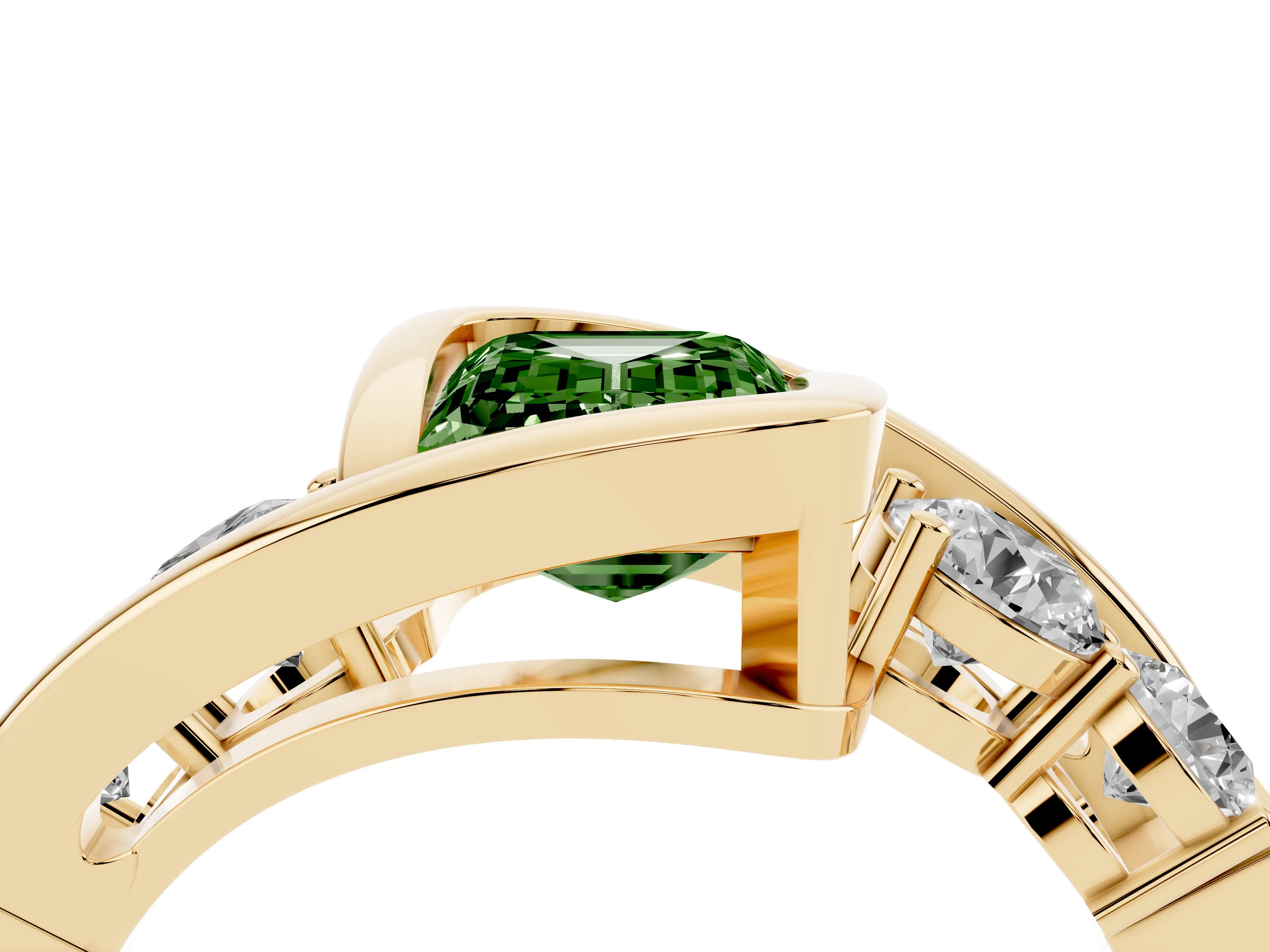 Fancy Green Emerald Cut Diamond Bezel Bypass Ring Set in Yellow gold with Round Accents