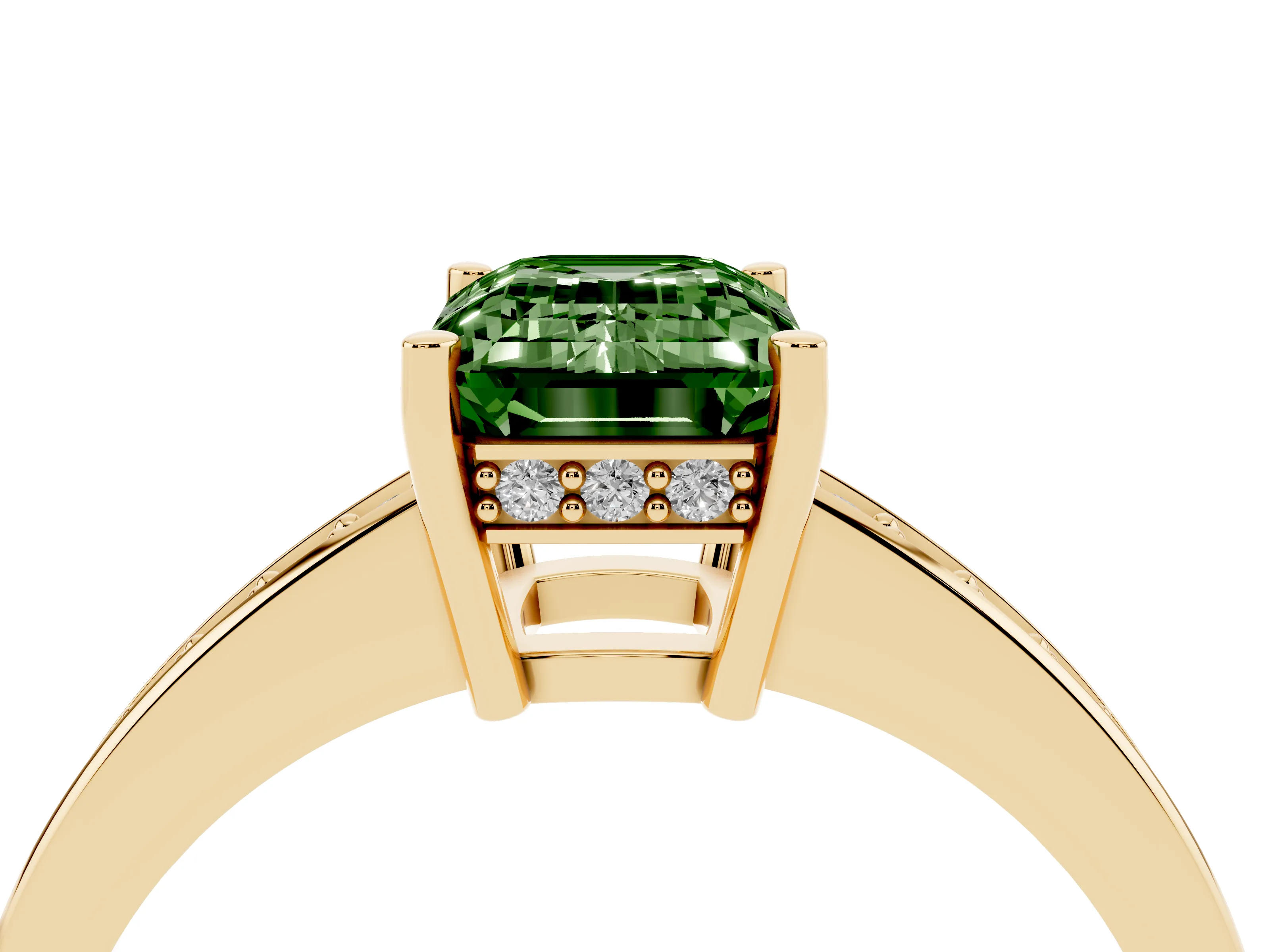 Fancy Green Emerald Cut Diamond Pavé Band Prong Set Solitaire Ring Set in Yellow gold