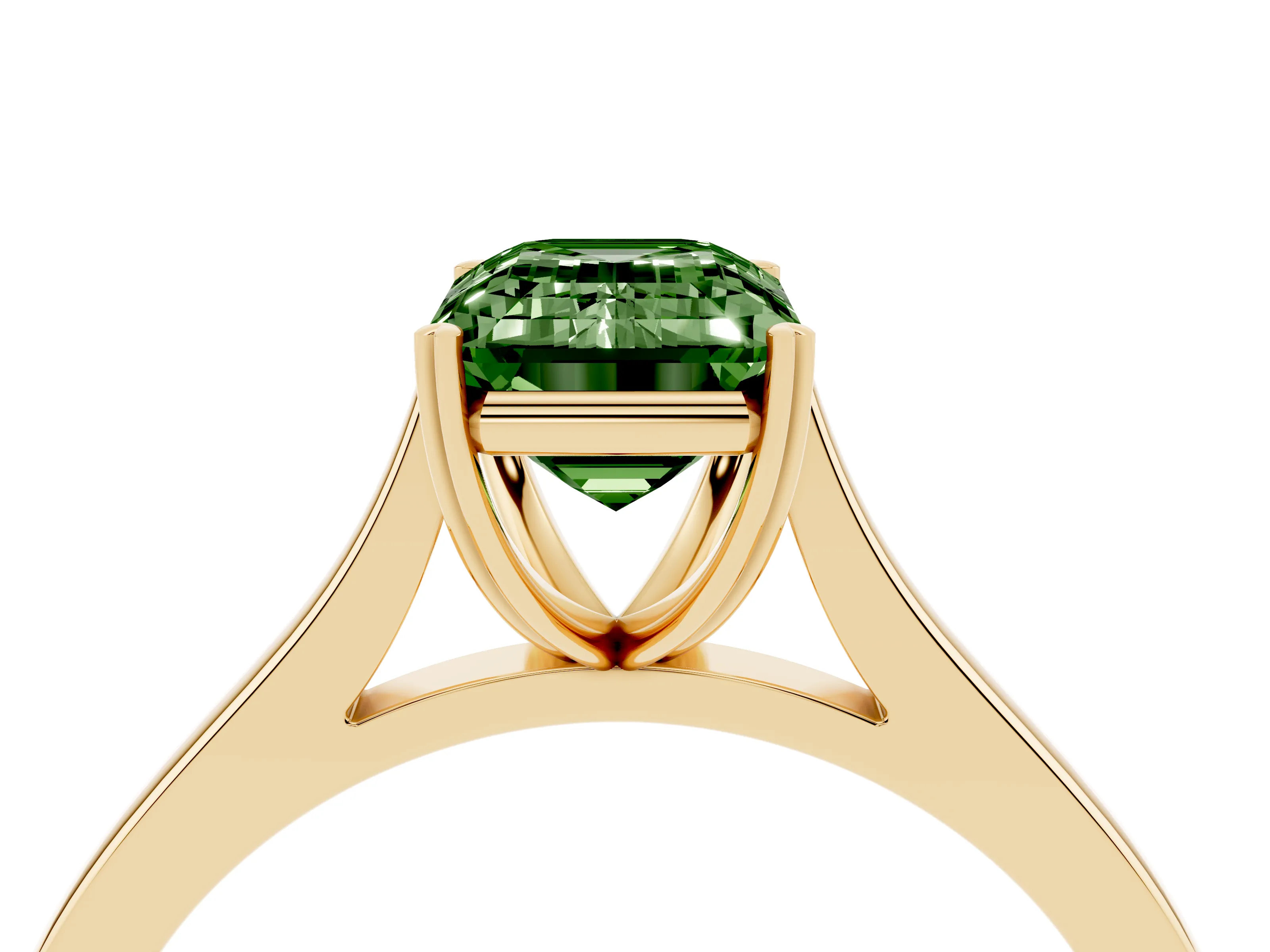 Fancy Green Emerald Cut Diamond Solitaire Heart Prong Engagement Ring Set in Yellow gold with Tapered Band