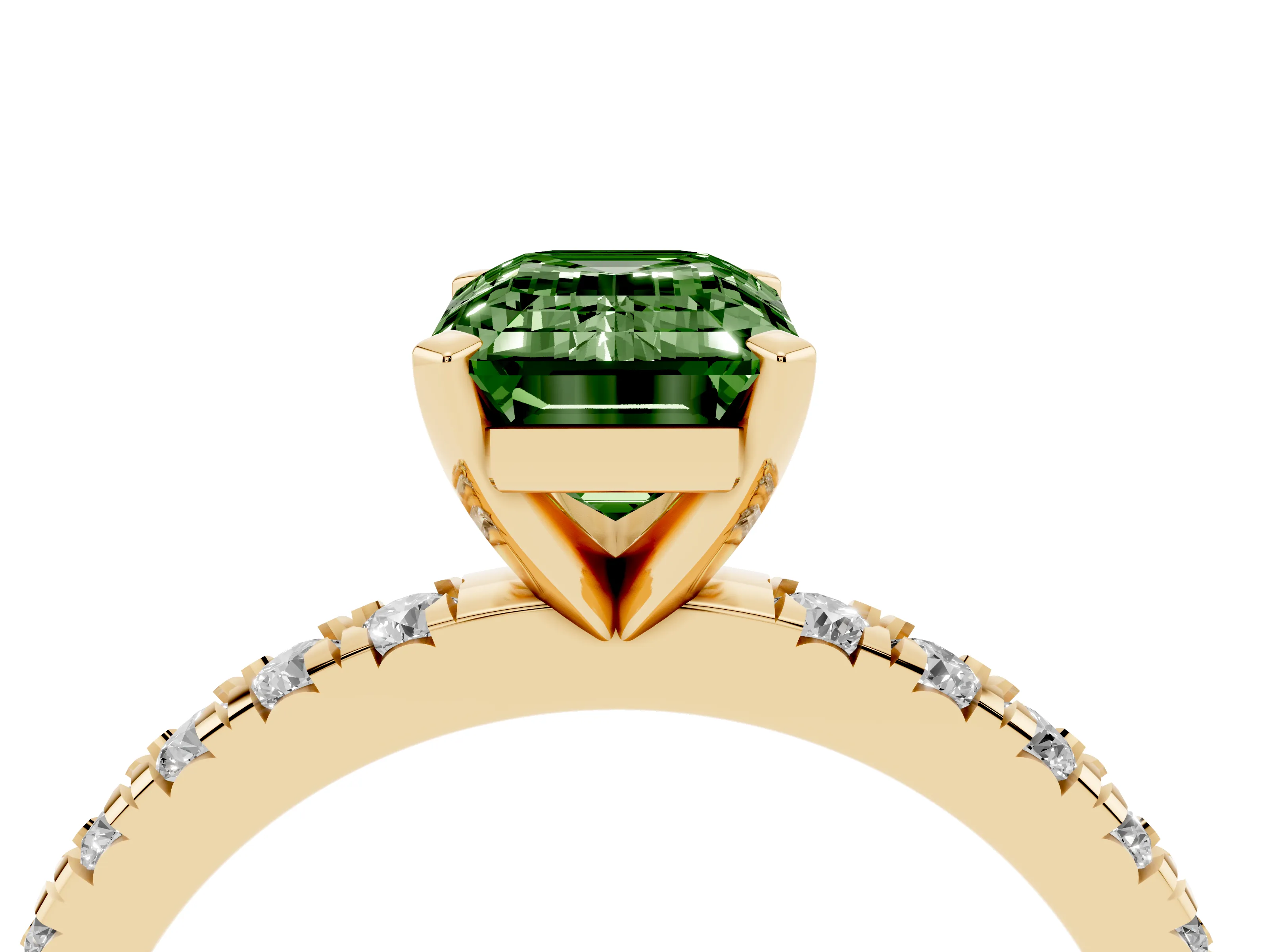 Fancy Green Emerald Cut Diamond Pavé Band Solitaire Set in Yellow gold with Prong Setting
