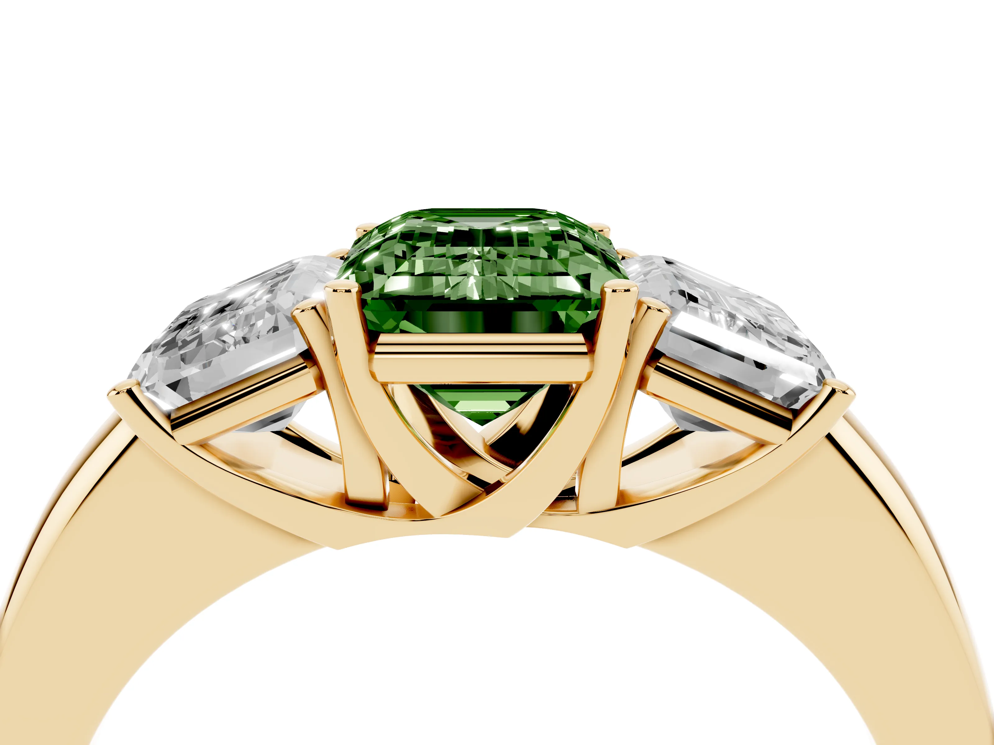 Fancy Green Emerald Cut Diamond Three-Stone Ring Set in Yellow gold with Bold Center and Classic Band