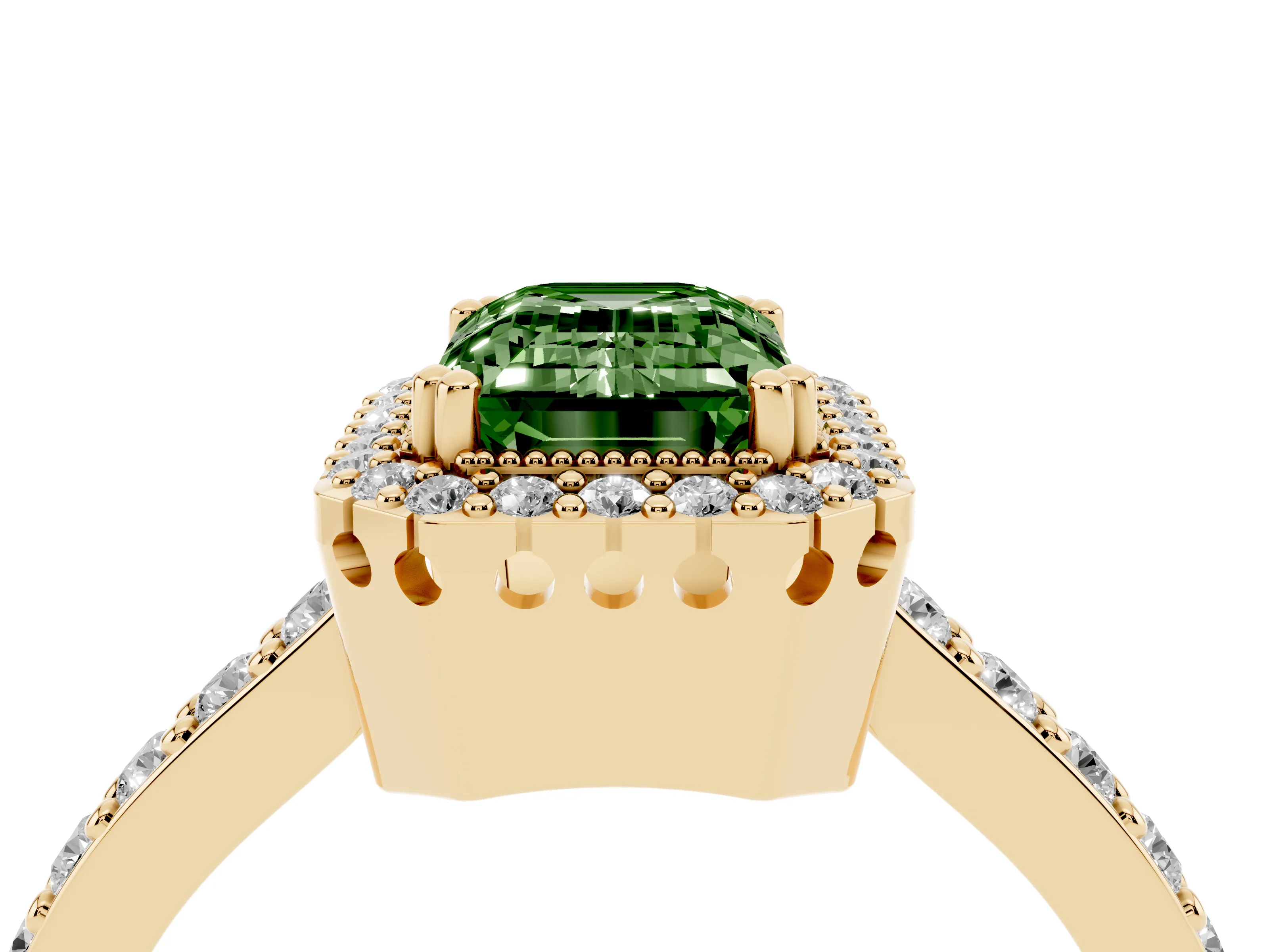 Fancy Green Emerald Cut Diamond Halo Engagement Ring Set in Yellow gold with Milgrain Detail and Pavé Band