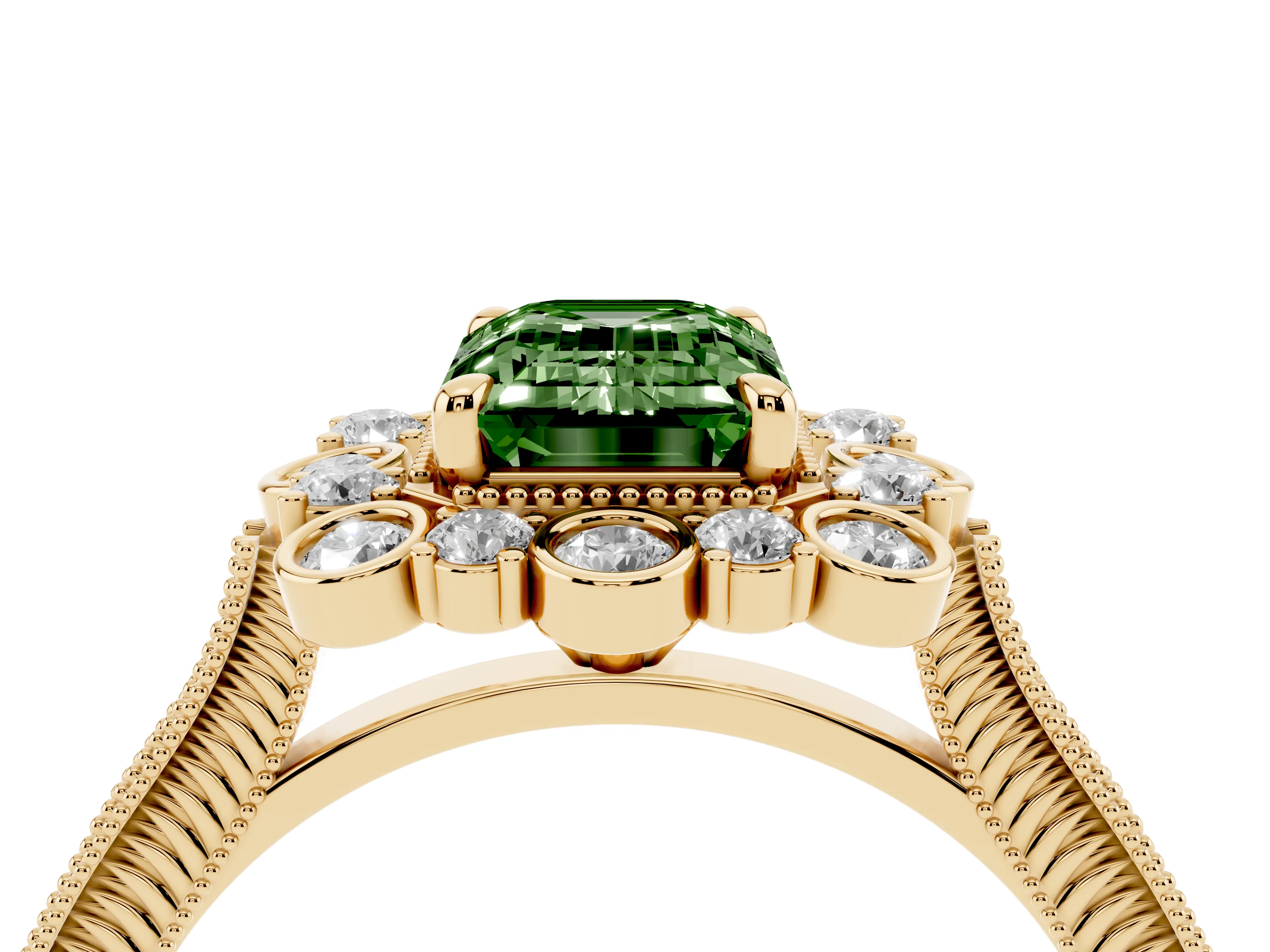 Fancy Green Emerald Cut Diamond Halo Milgrain Pavé Ring Set in Yellow gold with Prong Setting