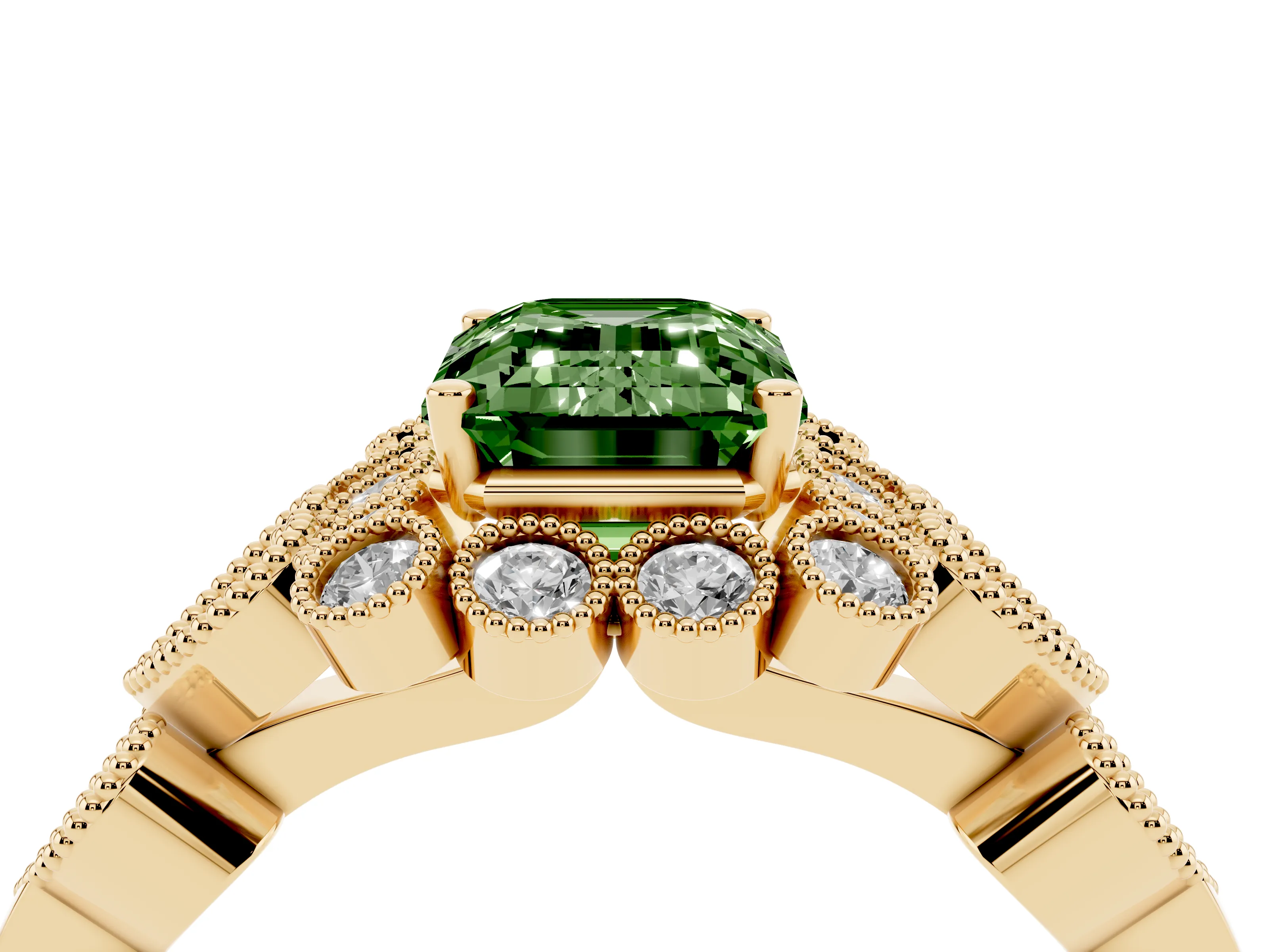 Fancy Green Emerald Cut Diamond Solitaire Ring Set in Yellow gold with Milgrain Pavé Heart Band