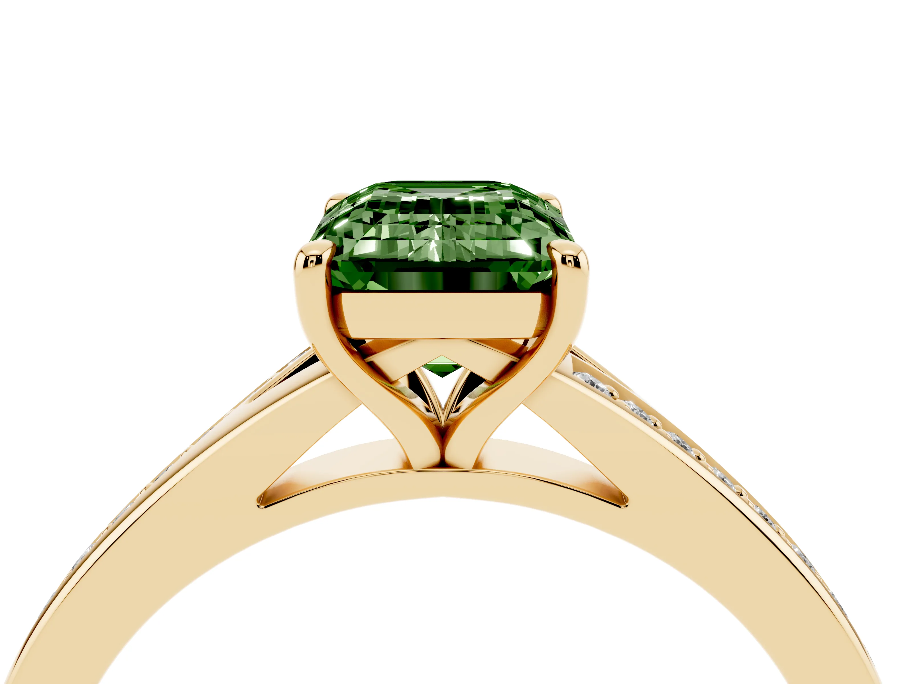 Fancy Green Emerald Cut Diamond Solitaire Ring Set in Yellow gold with Pavé Accent Band and Classic Prong Setting