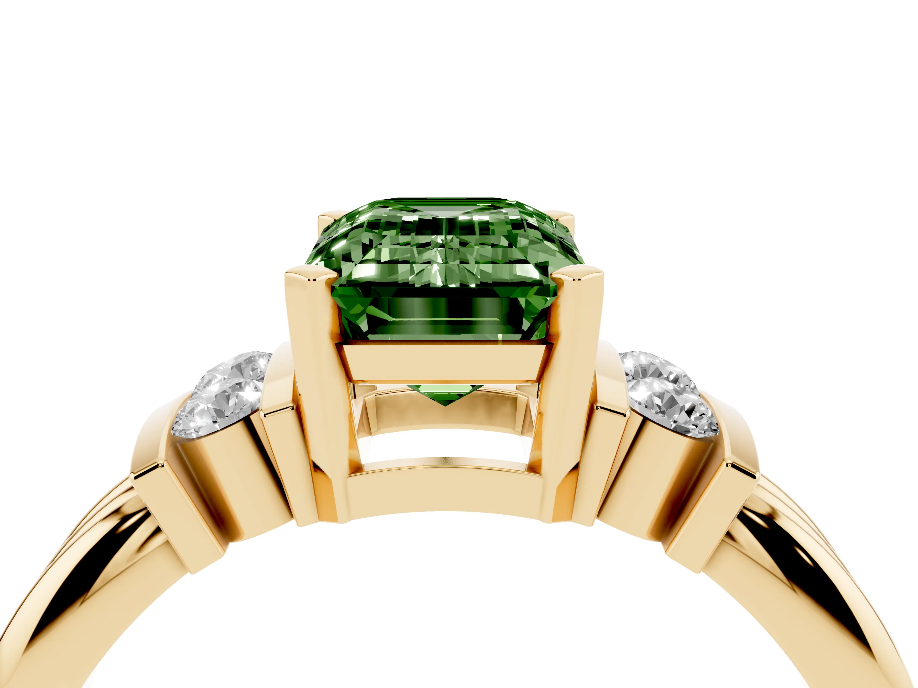 Fancy Green Three-Stone Emerald Cut Diamond Channel Set Ring Set in Yellow gold with Bar Prongs